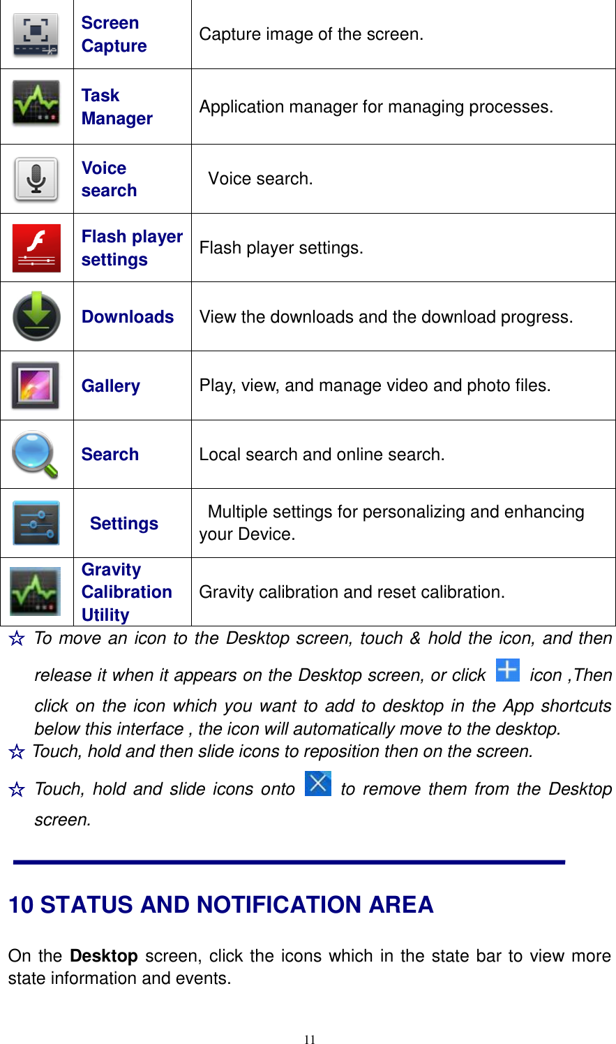  11  Screen   Capture Capture image of the screen.  Task Manager Application manager for managing processes.  Voice search   Voice search.  Flash player settings Flash player settings.  Downloads View the downloads and the download progress.  Gallery Play, view, and manage video and photo files.  Search Local search and online search.      Settings   Multiple settings for personalizing and enhancing your Device.  Gravity Calibration Utility Gravity calibration and reset calibration. ☆ To move an icon to the Desktop screen, touch &amp; hold the icon, and then release it when it appears on the Desktop screen, or click    icon ,Then click on the icon which you want to add to desktop in the App shortcuts below this interface , the icon will automatically move to the desktop. ☆ Touch, hold and then slide icons to reposition then on the screen. ☆ Touch, hold and slide icons onto    to remove them from  the  Desktop screen. 10 STATUS AND NOTIFICATION AREA On the Desktop screen, click the icons which in the state bar to view more state information and events. 