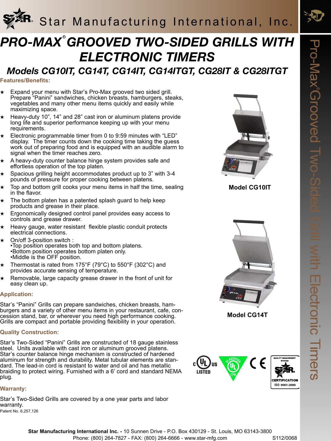 Star Manufacturing Cg14It Users Manual CG10IT Panini Grooved Grills