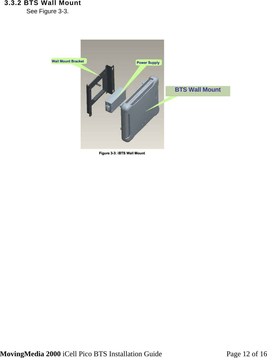 MovingMedia 2000 iCell Pico BTS Installation Guide         Page 12 of 16       3.3.2 BTS Wall Mount See Figure 3-3.   BTS Wall Mount 