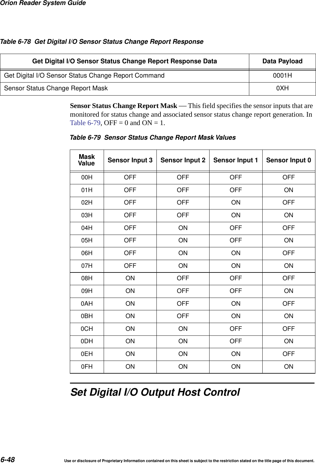 Orion Reader System Guide6-48 Use or disclosure of Proprietary Information contained on this sheet is subject to the restriction stated on the title page of this document.Sensor Status Change Report Mask &mdash; This field specifies the sensor inputs that are monitored for status change and associated sensor status change report generation. In Table 6-79, OFF = 0 and ON = 1.Set Digital I/O Output Host ControlTable 6-78 Get Digital I/O Sensor Status Change Report ResponseGet Digital I/O Sensor Status Change Report Response Data Data PayloadGet Digital I/O Sensor Status Change Report Command 0001HSensor Status Change Report Mask 0XHTable 6-79 Sensor Status Change Report Mask ValuesMaskValue Sensor Input 3 Sensor Input 2 Sensor Input 1 Sensor Input 000H OFF OFF OFF OFF01H OFF OFF OFF ON02H OFF OFF ON OFF03H OFF OFF ON ON04H OFF ON OFF OFF05H OFF ON OFF ON06H OFF ON ON OFF07H OFF ON ON ON08H ON OFF OFF OFF09H ON OFF OFF ON0AH ON OFF ON OFF0BH ON OFF ON ON0CH ON ON OFF OFF0DH ON ON OFF ON0EH ON ON ON OFF0FH ON ON ON ON