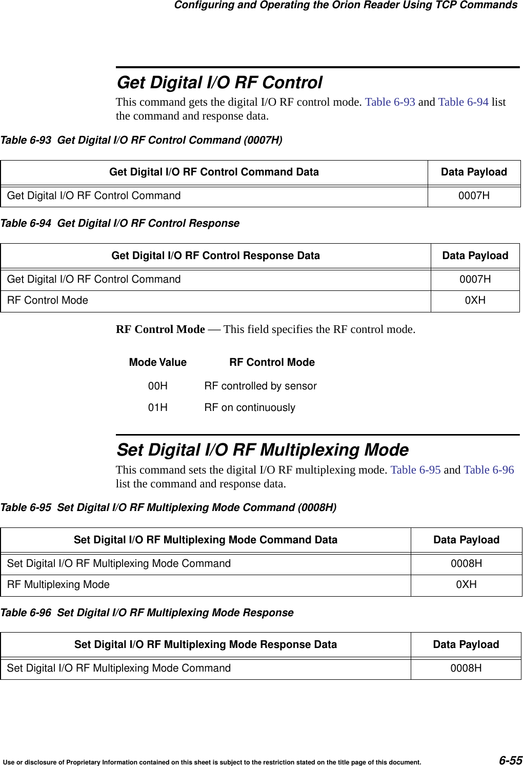 Configuring and Operating the Orion Reader Using TCP CommandsUse or disclosure of Proprietary Information contained on this sheet is subject to the restriction stated on the title page of this document. 6-55Get Digital I/O RF ControlThis command gets the digital I/O RF control mode. Table 6-93 and Table 6-94 list the command and response data. RF Control Mode &mdash; This field specifies the RF control mode.Set Digital I/O RF Multiplexing ModeThis command sets the digital I/O RF multiplexing mode. Table 6-95 and Table 6-96 list the command and response data. Table 6-93 Get Digital I/O RF Control Command (0007H)Get Digital I/O RF Control Command Data Data PayloadGet Digital I/O RF Control Command 0007HTable 6-94 Get Digital I/O RF Control ResponseGet Digital I/O RF Control Response Data Data PayloadGet Digital I/O RF Control Command 0007HRF Control Mode 0XHMode Value RF Control Mode00H RF controlled by sensor01H RF on continuouslyTable 6-95 Set Digital I/O RF Multiplexing Mode Command (0008H)Set Digital I/O RF Multiplexing Mode Command Data Data PayloadSet Digital I/O RF Multiplexing Mode Command 0008HRF Multiplexing Mode 0XHTable 6-96 Set Digital I/O RF Multiplexing Mode ResponseSet Digital I/O RF Multiplexing Mode Response Data Data PayloadSet Digital I/O RF Multiplexing Mode Command 0008H