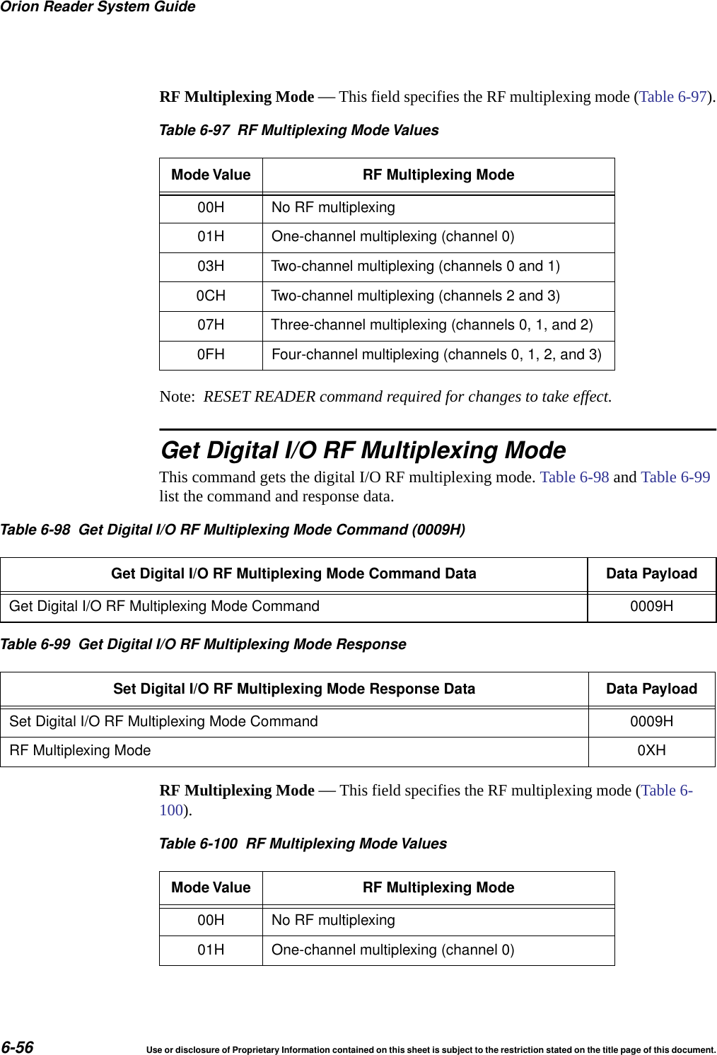 Orion Reader System Guide6-56 Use or disclosure of Proprietary Information contained on this sheet is subject to the restriction stated on the title page of this document.RF Multiplexing Mode &mdash; This field specifies the RF multiplexing mode (Table 6-97).Note:  RESET READER command required for changes to take effect.Get Digital I/O RF Multiplexing ModeThis command gets the digital I/O RF multiplexing mode. Table 6-98 and Table 6-99 list the command and response data. RF Multiplexing Mode &mdash; This field specifies the RF multiplexing mode (Table 6-100).Table 6-97 RF Multiplexing Mode ValuesMode Value RF Multiplexing Mode00H No RF multiplexing01H One-channel multiplexing (channel 0)03H Two-channel multiplexing (channels 0 and 1)0CH Two-channel multiplexing (channels 2 and 3)07H Three-channel multiplexing (channels 0, 1, and 2)0FH Four-channel multiplexing (channels 0, 1, 2, and 3)Table 6-98 Get Digital I/O RF Multiplexing Mode Command (0009H)Get Digital I/O RF Multiplexing Mode Command Data Data PayloadGet Digital I/O RF Multiplexing Mode Command 0009HTable 6-99 Get Digital I/O RF Multiplexing Mode ResponseSet Digital I/O RF Multiplexing Mode Response Data Data PayloadSet Digital I/O RF Multiplexing Mode Command 0009HRF Multiplexing Mode 0XHTable 6-100 RF Multiplexing Mode ValuesMode Value RF Multiplexing Mode00H No RF multiplexing01H One-channel multiplexing (channel 0)