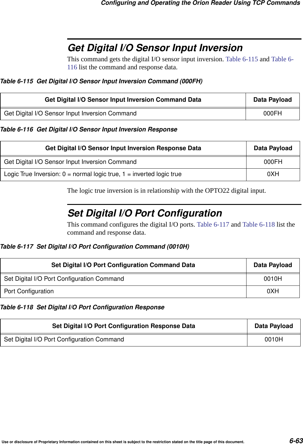 Configuring and Operating the Orion Reader Using TCP CommandsUse or disclosure of Proprietary Information contained on this sheet is subject to the restriction stated on the title page of this document. 6-63Get Digital I/O Sensor Input InversionThis command gets the digital I/O sensor input inversion. Table 6-115 and Table 6-116 list the command and response data. The logic true inversion is in relationship with the OPTO22 digital input.Set Digital I/O Port ConfigurationThis command configures the digital I/O ports. Table 6-117 and Table 6-118 list the command and response data. Table 6-115 Get Digital I/O Sensor Input Inversion Command (000FH)Get Digital I/O Sensor Input Inversion Command Data Data PayloadGet Digital I/O Sensor Input Inversion Command 000FHTable 6-116 Get Digital I/O Sensor Input Inversion ResponseGet Digital I/O Sensor Input Inversion Response Data Data PayloadGet Digital I/O Sensor Input Inversion Command 000FHLogic True Inversion: 0 = normal logic true,1=invertedlogic true 0XHTable 6-117 Set Digital I/O Port Configuration Command (0010H)Set Digital I/O Port Configuration Command Data Data PayloadSet Digital I/O Port Configuration Command 0010HPort Configuration 0XHTable 6-118 Set Digital I/O Port Configuration ResponseSet Digital I/O Port Configuration Response Data Data PayloadSet Digital I/O Port Configuration Command 0010H