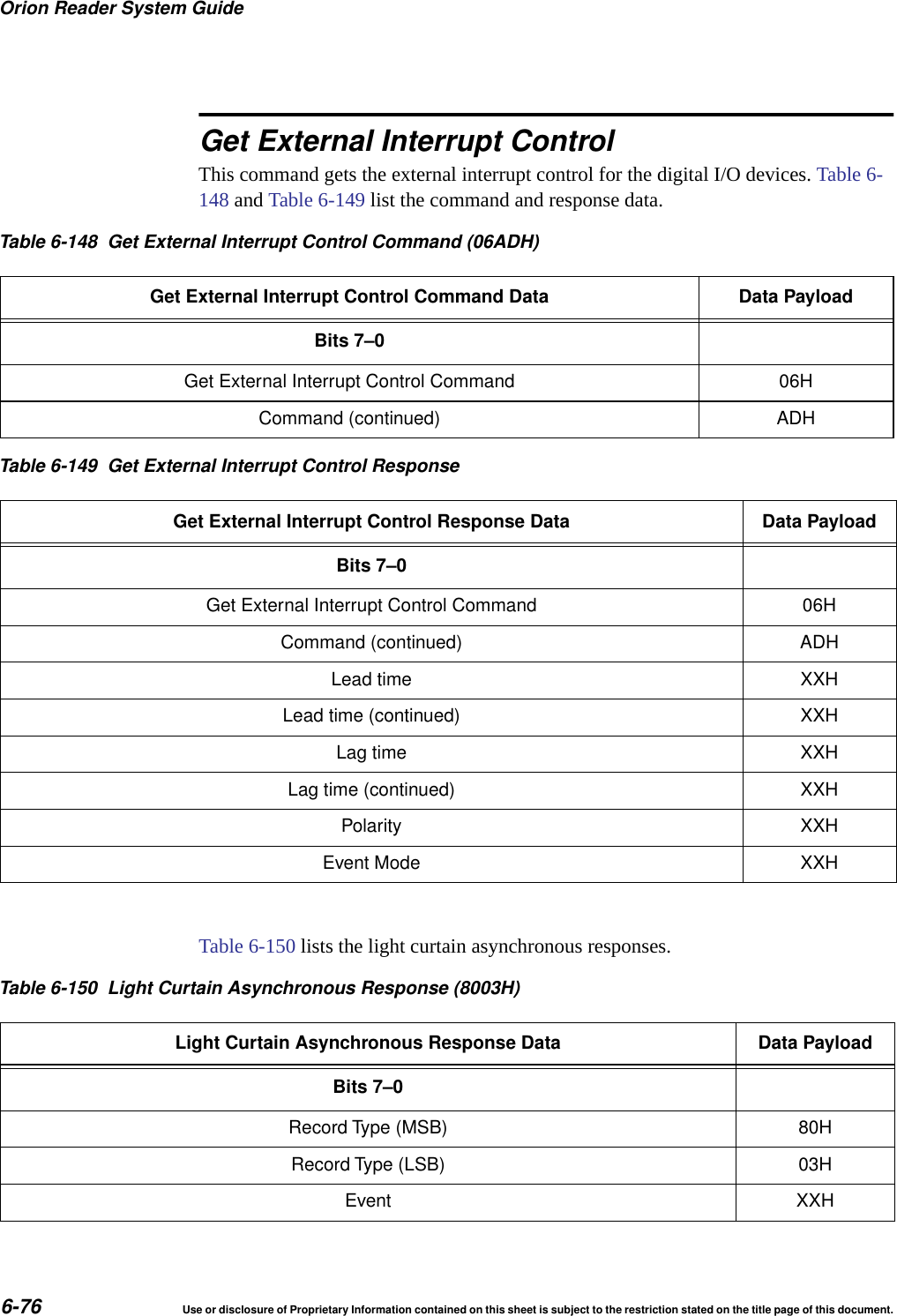 Orion Reader System Guide6-76 Use or disclosure of Proprietary Information contained on this sheet is subject to the restriction stated on the title page of this document.Get External Interrupt ControlThis command gets the external interrupt control for the digital I/O devices. Table 6-148 and Table 6-149 list the command and response data.Table 6-150 lists the light curtain asynchronous responses.Table 6-148 Get External Interrupt Control Command (06ADH)Get External Interrupt Control Command Data Data PayloadBits 7&ndash;0Get External Interrupt Control Command 06HCommand (continued) ADHTable 6-149 Get External Interrupt Control ResponseGet External Interrupt Control Response Data Data PayloadBits 7&ndash;0Get External Interrupt Control Command 06HCommand (continued) ADHLead time XXHLead time (continued) XXHLag time XXHLag time (continued) XXHPolarity XXHEvent Mode XXHTable 6-150 Light Curtain Asynchronous Response (8003H)Light Curtain Asynchronous Response Data Data PayloadBits 7&ndash;0Record Type (MSB) 80HRecord Type (LSB) 03HEvent XXH