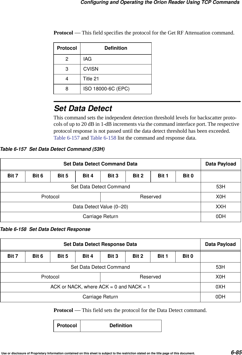 Configuring and Operating the Orion Reader Using TCP CommandsUse or disclosure of Proprietary Information contained on this sheet is subject to the restriction stated on the title page of this document. 6-85Protocol &mdash; This field specifies the protocol for the Get RF Attenuation command.Set Data DetectThis command sets the independent detection threshold levels for backscatter proto-cols of up to 20 dB in 1-dB increments via the command interface port. The respective protocol response is not passed until the data detect threshold has been exceeded. Table 6-157 and Table 6-158 list the command and response data. Protocol &mdash; This field sets the protocol for the Data Detect command.Protocol Definition2IAG3 CVISN4 Title 218 ISO 18000-6C (EPC)Table 6-157 Set Data Detect Command (53H)Set Data Detect Command Data Data PayloadBit 7 Bit 6 Bit 5 Bit 4 Bit 3 Bit 2 Bit 1 Bit 0Set Data Detect Command 53HProtocol Reserved X0HData Detect Value (0&ndash;20) XXHCarriage Return 0DHTable 6-158 Set Data Detect ResponseSet Data Detect Response Data Data PayloadBit 7 Bit 6 Bit 5 Bit 4 Bit 3 Bit 2 Bit 1 Bit 0Set Data Detect Command 53HProtocol Reserved X0HACK or NACK, where ACK = 0 and NACK = 1 0XHCarriage Return 0DHProtocol Definition
