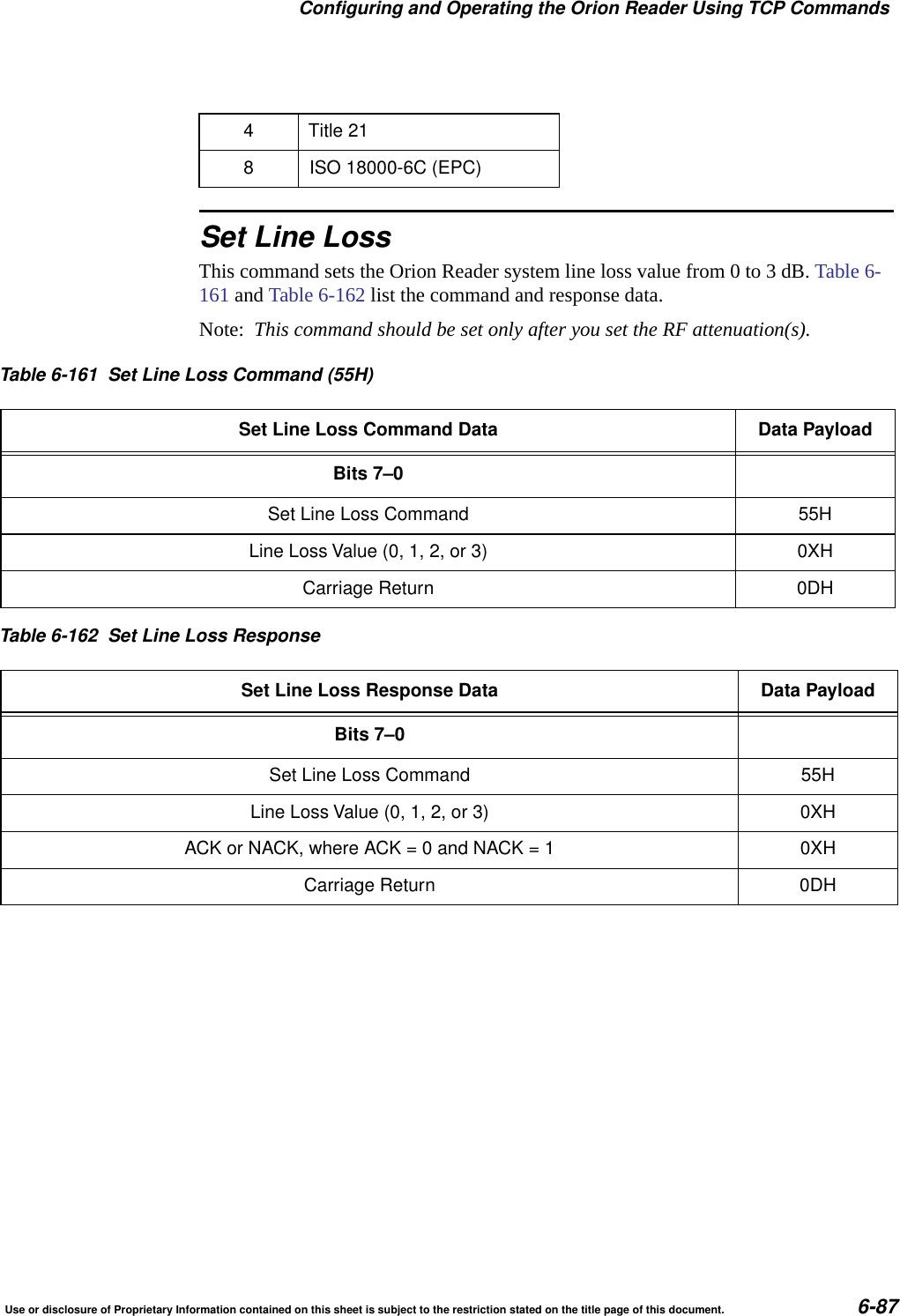 Configuring and Operating the Orion Reader Using TCP CommandsUse or disclosure of Proprietary Information contained on this sheet is subject to the restriction stated on the title page of this document. 6-87Set Line LossThis command sets the Orion Reader system line loss value from 0 to 3 dB. Table 6-161 and Table 6-162 list the command and response data.Note:  This command should be set only after you set the RF attenuation(s).4 Title 218 ISO 18000-6C (EPC)Table 6-161 Set Line Loss Command (55H)Set Line Loss Command Data Data PayloadBits 7&ndash;0Set Line Loss Command 55HLine Loss Value (0, 1, 2, or 3) 0XHCarriage Return 0DHTable 6-162 Set Line Loss ResponseSet Line Loss Response Data Data PayloadBits 7&ndash;0Set Line Loss Command 55HLine Loss Value (0, 1, 2, or 3) 0XHACK or NACK, where ACK = 0 and NACK = 1 0XHCarriage Return 0DH