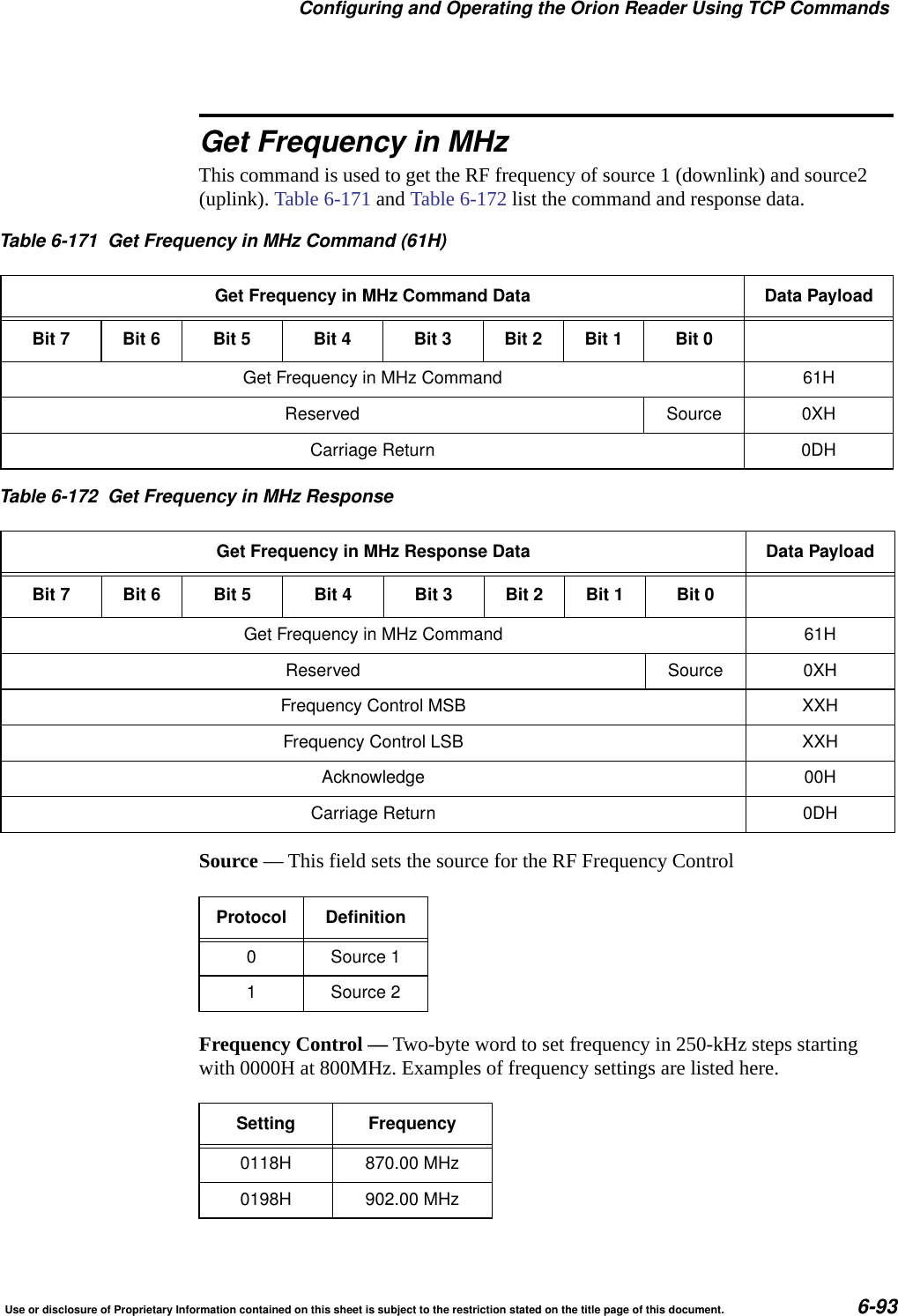 Configuring and Operating the Orion Reader Using TCP CommandsUse or disclosure of Proprietary Information contained on this sheet is subject to the restriction stated on the title page of this document. 6-93Get Frequency in MHzThis command is used to get the RF frequency of source 1 (downlink) and source2 (uplink). Table 6-171 and Table 6-172 list the command and response data.Source &mdash; This field sets the source for the RF Frequency ControlFrequency Control &mdash; Two-byte word to set frequency in 250-kHz steps starting with 0000H at 800MHz. Examples of frequency settings are listed here.Table 6-171 Get Frequency in MHz Command (61H)Get Frequency in MHz Command Data Data PayloadBit 7 Bit 6 Bit 5 Bit 4 Bit 3 Bit 2 Bit 1 Bit 0Get Frequency in MHz Command 61HReserved Source 0XHCarriage Return 0DHTable 6-172 Get Frequency in MHz ResponseGet Frequency in MHz Response Data Data PayloadBit 7 Bit 6 Bit 5 Bit 4 Bit 3 Bit 2 Bit 1 Bit 0Get Frequency in MHz Command 61HReserved Source 0XHFrequency Control MSB XXHFrequency Control LSB XXHAcknowledge 00HCarriage Return 0DHProtocol Definition0 Source 11 Source 2Setting Frequency0118H 870.00 MHz0198H 902.00 MHz
