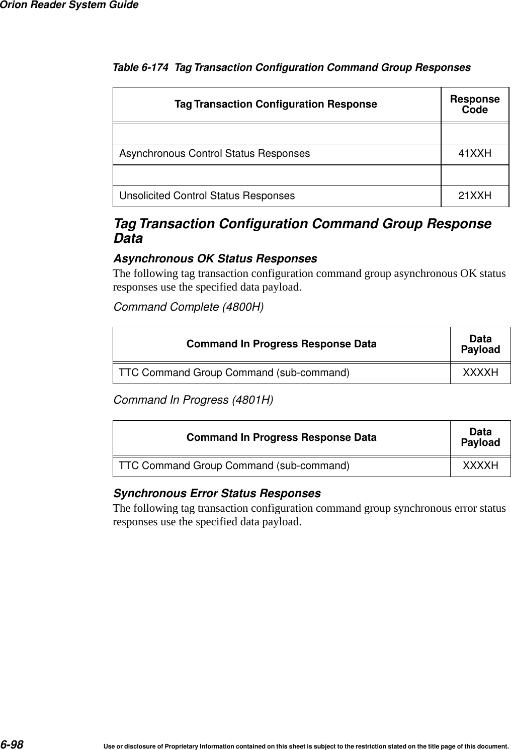 Orion Reader System Guide6-98 Use or disclosure of Proprietary Information contained on this sheet is subject to the restriction stated on the title page of this document.Tag Transaction Configuration Command Group ResponseDataAsynchronous OK Status ResponsesThe following tag transaction configuration command group asynchronous OK status responses use the specified data payload.Command Complete (4800H)Command In Progress (4801H)Synchronous Error Status ResponsesThe following tag transaction configuration command group synchronous error status responses use the specified data payload.Asynchronous Control Status Responses 41XXHUnsolicited Control Status Responses 21XXHCommand In Progress Response Data DataPayloadTTC Command Group Command (sub-command) XXXXHCommand In Progress Response Data DataPayloadTTC Command Group Command (sub-command) XXXXHTable 6-174 Tag Transaction Configuration Command Group ResponsesTag Transaction Configuration Response ResponseCode