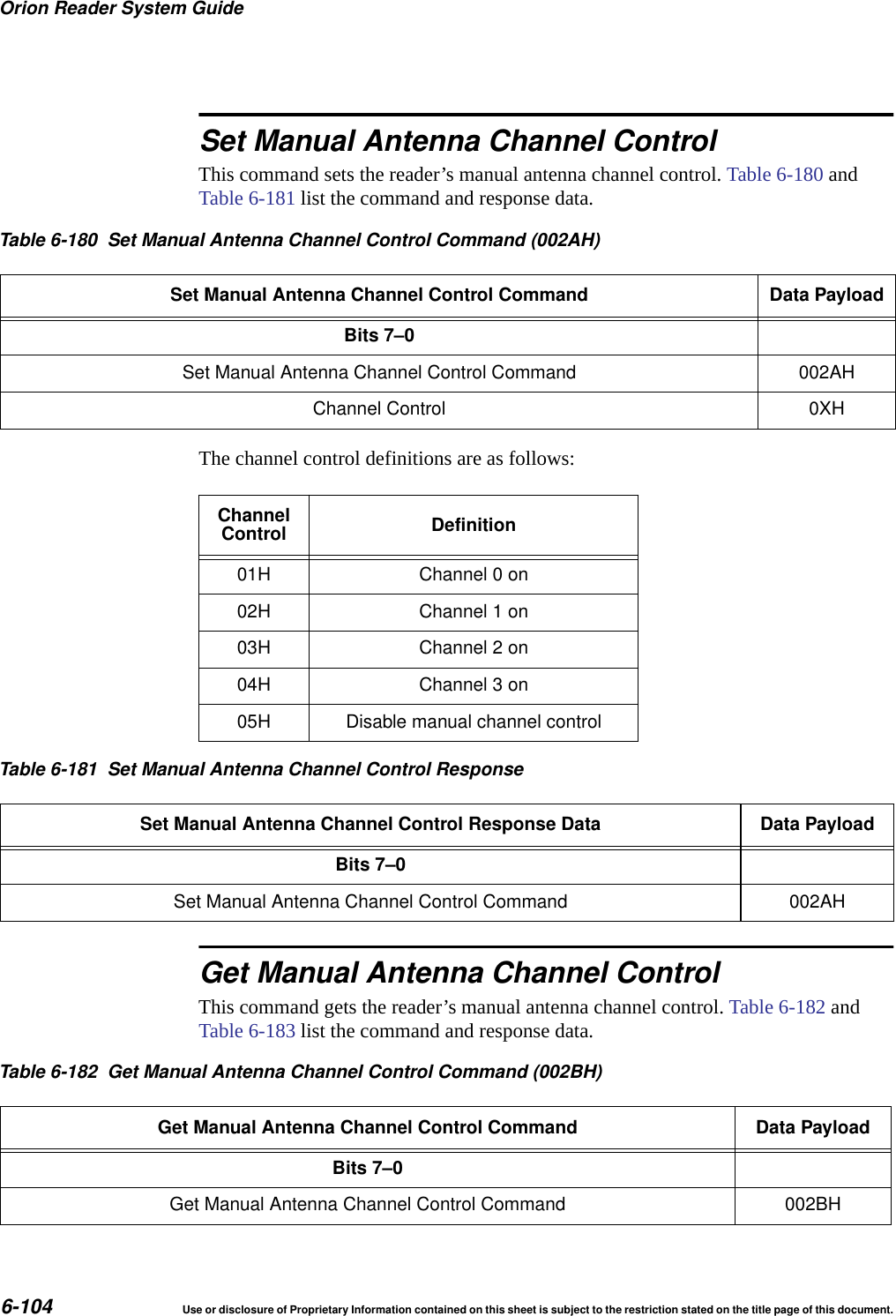 Orion Reader System Guide6-104 Use or disclosure of Proprietary Information contained on this sheet is subject to the restriction stated on the title page of this document.Set Manual Antenna Channel ControlThis command sets the reader&rsquo;s manual antenna channel control. Table 6-180 and Table 6-181 list the command and response data.The channel control definitions are as follows:Get Manual Antenna Channel ControlThis command gets the reader&rsquo;s manual antenna channel control. Table 6-182 and Table 6-183 list the command and response data.Table 6-180 Set Manual Antenna Channel Control Command (002AH)Set Manual Antenna Channel Control Command Data PayloadBits 7&ndash;0Set Manual Antenna Channel Control Command 002AHChannel Control 0XHChannelControl Definition01H Channel 0 on02H Channel 1 on03H Channel 2 on04H Channel 3 on05H Disable manual channel controlTable 6-181 Set Manual Antenna Channel Control ResponseSet Manual Antenna Channel Control Response Data Data PayloadBits 7&ndash;0Set Manual Antenna Channel Control Command 002AHTable 6-182 Get Manual Antenna Channel Control Command (002BH)Get Manual Antenna Channel Control Command Data PayloadBits 7&ndash;0Get Manual Antenna Channel Control Command 002BH