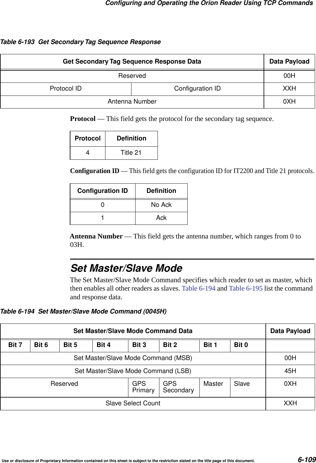 Configuring and Operating the Orion Reader Using TCP CommandsUse or disclosure of Proprietary Information contained on this sheet is subject to the restriction stated on the title page of this document. 6-109Protocol &mdash; This field gets the protocol for the secondary tag sequence.Configuration ID &mdash; This field gets the configuration ID for IT2200 and Title 21 protocols.Antenna Number &mdash; This field gets the antenna number, which ranges from 0 to 03H.Set Master/Slave ModeThe Set Master/Slave Mode Command specifies which reader to set as master, which then enables all other readers as slaves. Table 6-194 and Table 6-195 list the command and response data.Reserved 00HProtocol ID Configuration ID XXHAntenna Number 0XHTable 6-193 Get Secondary Tag Sequence ResponseGet Secondary Tag Sequence Response Data Data PayloadProtocol Definition4 Title 21Configuration ID Definition0NoAck1AckTable 6-194 Set Master/Slave Mode Command (0045H)Set Master/Slave Mode Command Data Data PayloadBit 7 Bit 6 Bit 5 Bit 4 Bit 3 Bit 2 Bit 1 Bit 0Set Master/Slave Mode Command (MSB) 00HSet Master/Slave Mode Command (LSB) 45HReserved GPSPrimary GPSSecondary Master Slave 0XHSlave Select Count XXH