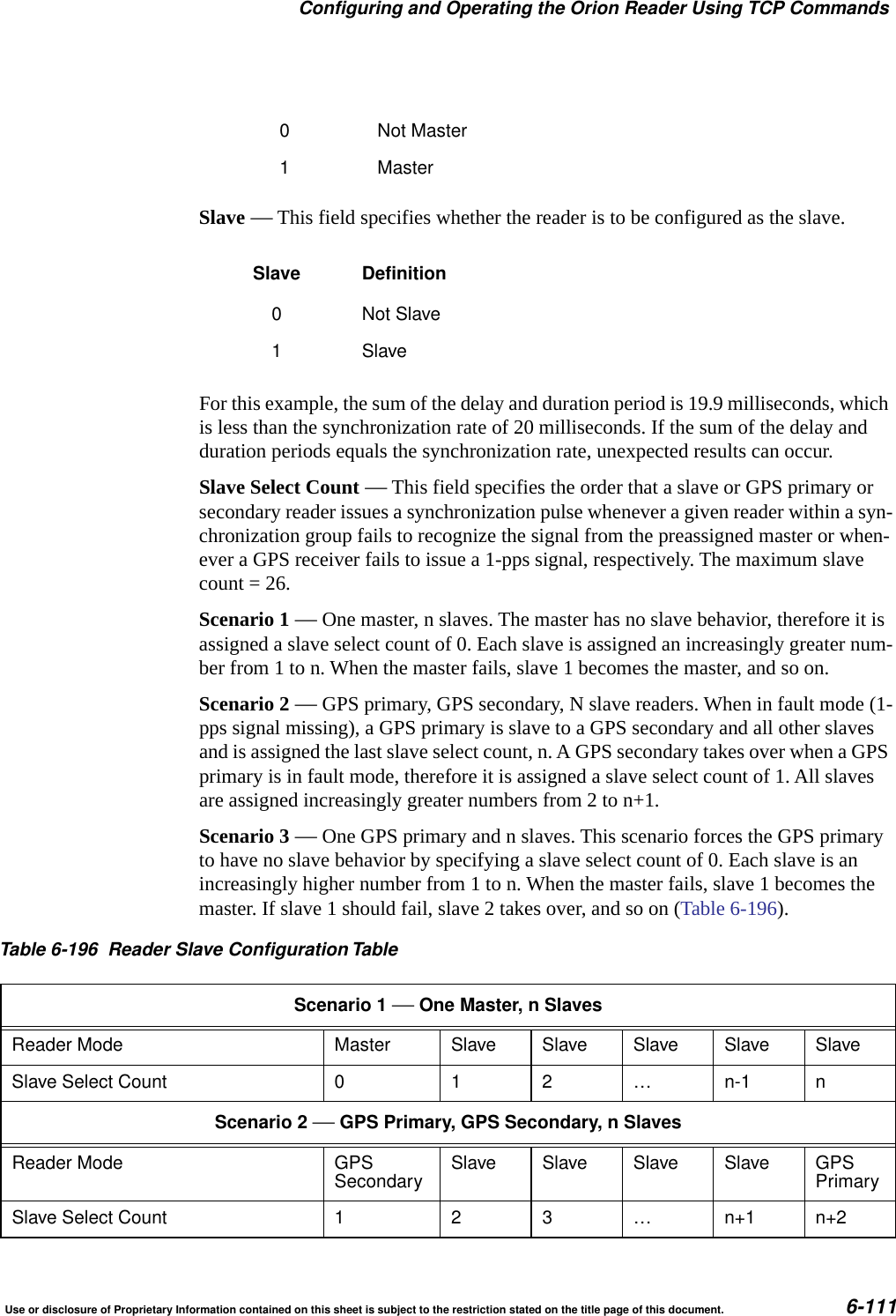 Configuring and Operating the Orion Reader Using TCP CommandsUse or disclosure of Proprietary Information contained on this sheet is subject to the restriction stated on the title page of this document. 6-111Slave &mdash; This field specifies whether the reader is to be configured as the slave.For this example, the sum of the delay and duration period is 19.9 milliseconds, which is less than the synchronization rate of 20 milliseconds. If the sum of the delay and duration periods equals the synchronization rate, unexpected results can occur.Slave Select Count &mdash; This field specifies the order that a slave or GPS primary or secondary reader issues a synchronization pulse whenever a given reader within a syn-chronization group fails to recognize the signal from the preassigned master or when-ever a GPS receiver fails to issue a 1-pps signal, respectively. The maximum slave count = 26.Scenario 1 &mdash; One master, n slaves. The master has no slave behavior, therefore it is assigned a slave select count of 0. Each slave is assigned an increasingly greater num-ber from 1 to n. When the master fails, slave 1 becomes the master, and so on.Scenario 2 &mdash; GPS primary, GPS secondary, N slave readers. When in fault mode (1-pps signal missing), a GPS primary is slave to a GPS secondary and all other slaves and is assigned the last slave select count, n. A GPS secondary takes over when a GPS primary is in fault mode, therefore it is assigned a slave select count of 1. All slaves are assigned increasingly greater numbers from 2 to n+1.Scenario 3 &mdash; One GPS primary and n slaves. This scenario forces the GPS primary to have no slave behavior by specifying a slave select count of 0. Each slave is an increasingly higher number from 1 to n. When the master fails, slave 1 becomes the master. If slave 1 should fail, slave 2 takes over, and so on (Table 6-196).0 Not Master1 MasterSlave Definition0 Not Slave1 SlaveTable 6-196 Reader Slave ConfigurationTableScenario 1 &mdash;One Master, n SlavesReader Mode Master Slave Slave Slave Slave SlaveSlave Select Count 0 1 2 &hellip; n-1 nScenario 2 &mdash;GPS Primary, GPS Secondary, n SlavesReader Mode GPSSecondary Slave Slave Slave Slave GPSPrimarySlave Select Count 1 2 3 &hellip; n+1 n+2