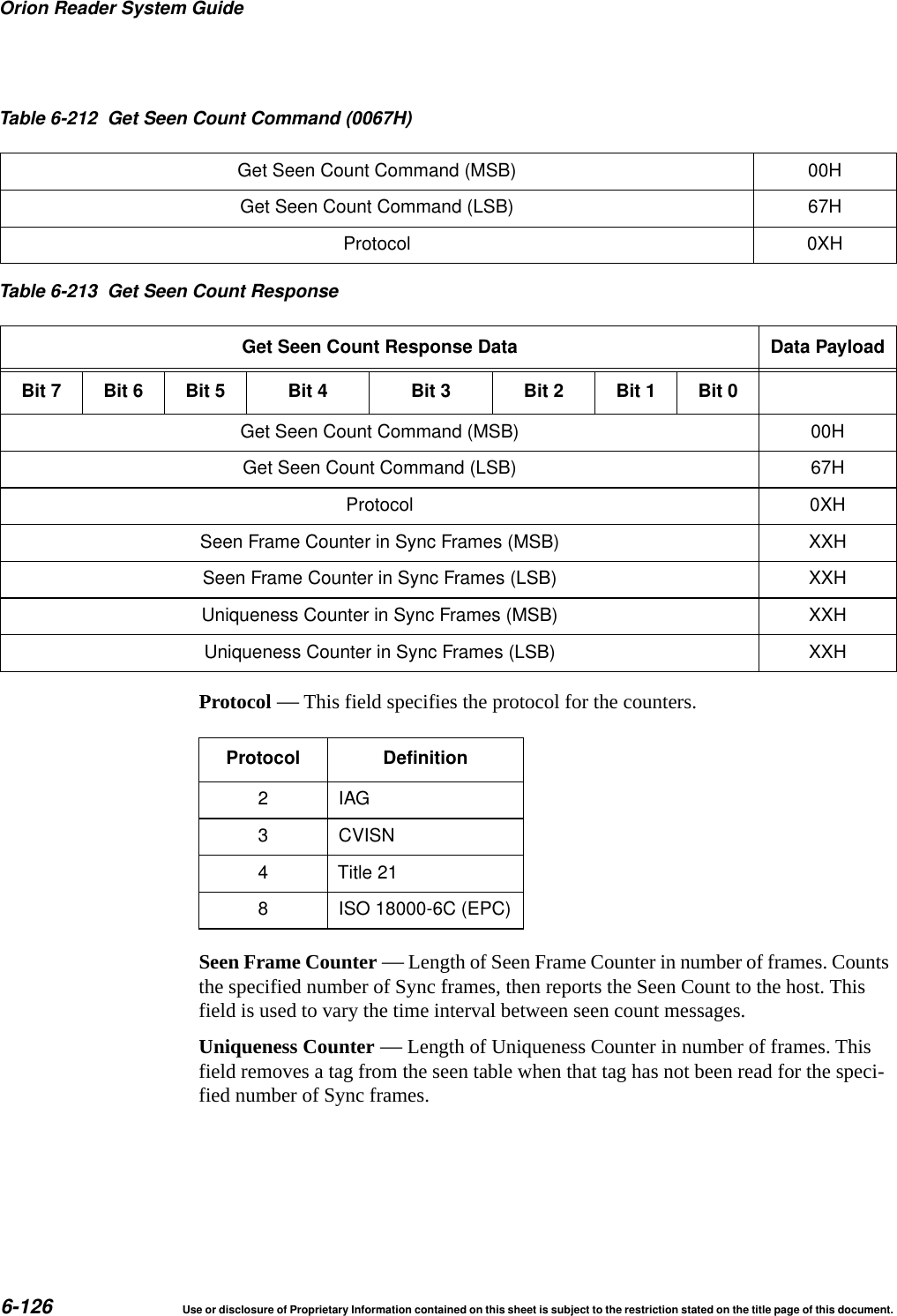 Orion Reader System Guide6-126 Use or disclosure of Proprietary Information contained on this sheet is subject to the restriction stated on the title page of this document.Protocol &mdash; This field specifies the protocol for the counters.Seen Frame Counter &mdash; Length of Seen Frame Counter in number of frames. Counts the specified number of Sync frames, then reports the Seen Count to the host. This field is used to vary the time interval between seen count messages.Uniqueness Counter &mdash; Length of Uniqueness Counter in number of frames. This field removes a tag from the seen table when that tag has not been read for the speci-fied number of Sync frames.Get Seen Count Command (MSB) 00HGet Seen Count Command (LSB) 67HProtocol 0XHTable 6-213 Get Seen Count ResponseGet Seen Count Response Data Data PayloadBit 7 Bit 6 Bit 5 Bit 4 Bit 3 Bit 2 Bit 1 Bit 0Get Seen Count Command (MSB) 00HGet Seen Count Command (LSB) 67HProtocol 0XHSeen Frame Counter in Sync Frames (MSB) XXHSeen Frame Counter in Sync Frames (LSB) XXHUniqueness Counter in Sync Frames (MSB) XXHUniqueness Counter in Sync Frames (LSB) XXHTable 6-212 Get Seen Count Command (0067H)Protocol Definition2IAG3 CVISN4 Title 218 ISO 18000-6C (EPC)