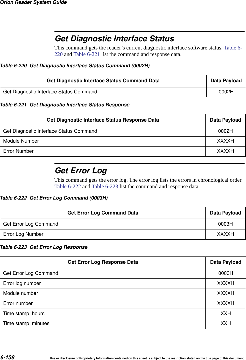 Orion Reader System Guide6-138 Use or disclosure of Proprietary Information contained on this sheet is subject to the restriction stated on the title page of this document.Get Diagnostic Interface StatusThis command gets the reader&rsquo;s current diagnostic interface software status. Table 6-220 and Table 6-221 list the command and response data.Get Error LogThis command gets the error log. The error log lists the errors in chronological order. Table 6-222 and Table 6-223 list the command and response data.Table 6-220 Get Diagnostic Interface Status Command (0002H)Get Diagnostic Interface Status Command Data Data PayloadGet Diagnostic Interface Status Command 0002HTable 6-221 Get Diagnostic Interface Status ResponseGet Diagnostic Interface Status Response Data Data PayloadGet Diagnostic Interface Status Command 0002HModule Number XXXXHError Number XXXXHTable 6-222 Get Error Log Command (0003H)Get Error Log Command Data Data PayloadGet Error Log Command 0003HError Log Number XXXXHTable 6-223 Get Error Log ResponseGet Error Log Response Data Data PayloadGet Error Log Command 0003HError log number XXXXHModule number XXXXHError number XXXXHTime stamp: hours XXHTime stamp: minutes XXH