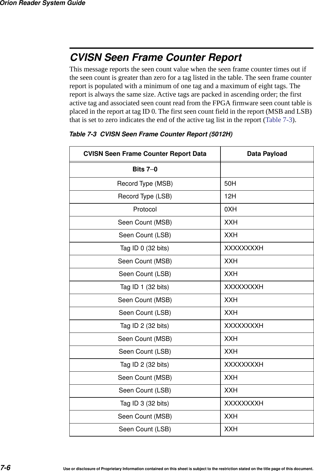 Orion Reader System Guide7-6 Use or disclosure of Proprietary Information contained on this sheet is subject to the restriction stated on the title page of this document.CVISN Seen Frame Counter ReportThis message reports the seen count value when the seen frame counter times out if the seen count is greater than zero for a tag listed in the table. The seen frame counter report is populated with a minimum of one tag and a maximum of eight tags. The report is always the same size. Active tags are packed in ascending order; the first active tag and associated seen count read from the FPGA firmware seen count table is placed in the report at tag ID 0. The first seen count field in the report (MSB and LSB) that is set to zero indicates the end of the active tag list in the report (Table 7-3).Table 7-3 CVISN Seen Frame Counter Report (5012H)CVISN Seen Frame Counter Report Data Data PayloadBits 7&ndash;0Record Type (MSB) 50HRecord Type (LSB) 12HProtocol 0XHSeen Count (MSB) XXHSeen Count (LSB) XXHTag ID 0 (32 bits) XXXXXXXXHSeen Count (MSB) XXHSeen Count (LSB) XXHTag ID 1 (32 bits) XXXXXXXXHSeen Count (MSB) XXHSeen Count (LSB) XXHTag ID 2 (32 bits) XXXXXXXXHSeen Count (MSB) XXHSeen Count (LSB) XXHTag ID 2 (32 bits) XXXXXXXXHSeen Count (MSB) XXHSeen Count (LSB) XXHTag ID 3 (32 bits) XXXXXXXXHSeen Count (MSB) XXHSeen Count (LSB) XXH