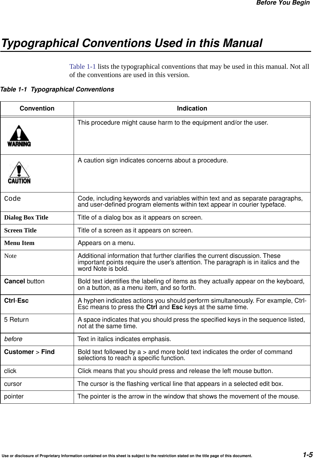 Before You BeginUse or disclosure of Proprietary Information contained on this sheet is subject to the restriction stated on the title page of this document. 1-5Typographical Conventions Used in this ManualTable 1-1 lists the typographical conventions that may be used in this manual. Not all of the conventions are used in this version.Table 1-1 Typographical ConventionsConvention IndicationThis procedure might cause harm to the equipment and/or the user.A caution sign indicates concerns about a procedure.Code Code, including keywords and variables within text and as separate paragraphs,and user-defined program elements within text appear in courier typeface.Dialog Box Title Title of a dialog box as it appears on screen.Screen Title Title of a screen as it appears on screen.Menu Item Appears on a menu.Note Additional information that further clarifies the current discussion. Theseimportant points require the user&rsquo;s attention. The paragraph is in italics and theword Note is bold.Cancel button Bold text identifies the labeling of items as they actually appear on the keyboard,on a button, as a menu item, and so forth.Ctrl-Esc A hyphen indicates actions you should perform simultaneously. For example, Ctrl-Esc means to press the Ctrl and Esc keys at the same time.5 Return A space indicates that you should press the specified keys in the sequence listed,not at the same time.before Text in italics indicates emphasis.Customer >Find Bold text followed by a > and more bold text indicates the order of commandselections to reach a specific function.click Click means that you should press and release the left mouse button.cursor The cursor is the flashing vertical line that appears in a selected edit box.pointer The pointer is the arrow in the window that shows the movement of the mouse.