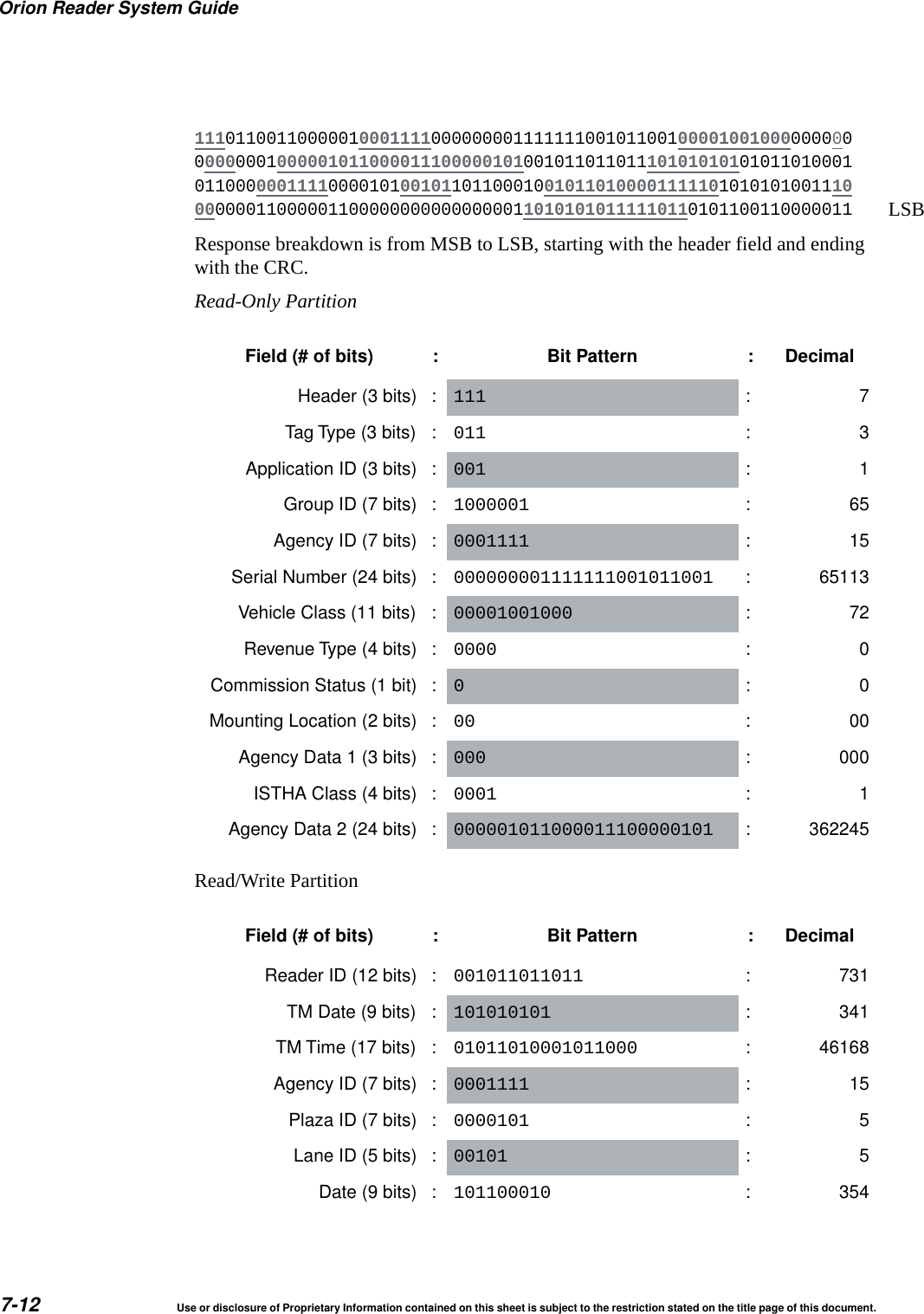 Orion Reader System Guide7-12 Use or disclosure of Proprietary Information contained on this sheet is subject to the restriction stated on the title page of this document.1110110011000001000111100000000111111100101100100001001000000000 0000000100000101100001110000010100101101101110101010101011010001 0110000001111000010100101101100010010110100001111101010101001110 0000001100000110000000000000000110101010111110110101100110000011Response breakdown is from MSB to LSB, starting with the header field and ending with the CRC.Read-Only PartitionRead/Write PartitionField (# of bits) : Bit Pattern : DecimalHeader (3 bits) : 111 :7Tag Type (3 bits) : 011 :3Application ID (3 bits) : 001 :1Group ID (7 bits) : 1000001 :65Agency ID (7 bits) : 0001111 :15Serial Number (24 bits) : 000000001111111001011001 : 65113Vehicle Class (11 bits) : 00001001000 :72Revenue Type (4 bits) : 0000 :0Commission Status (1 bit) : 0:0Mounting Location (2 bits) : 00 :00Agency Data 1 (3 bits) : 000 : 000ISTHA Class (4 bits) : 0001 :1Agency Data 2 (24 bits) : 000001011000011100000101 : 362245Field (# of bits) : Bit Pattern : DecimalReader ID (12 bits) : 001011011011 : 731TM Date (9 bits) : 101010101 : 341TM Time (17 bits) : 01011010001011000 : 46168Agency ID (7 bits) : 0001111 :15Plaza ID (7 bits) : 0000101 :5Lane ID (5 bits) : 00101 :5Date (9 bits) : 101100010 : 354LSB