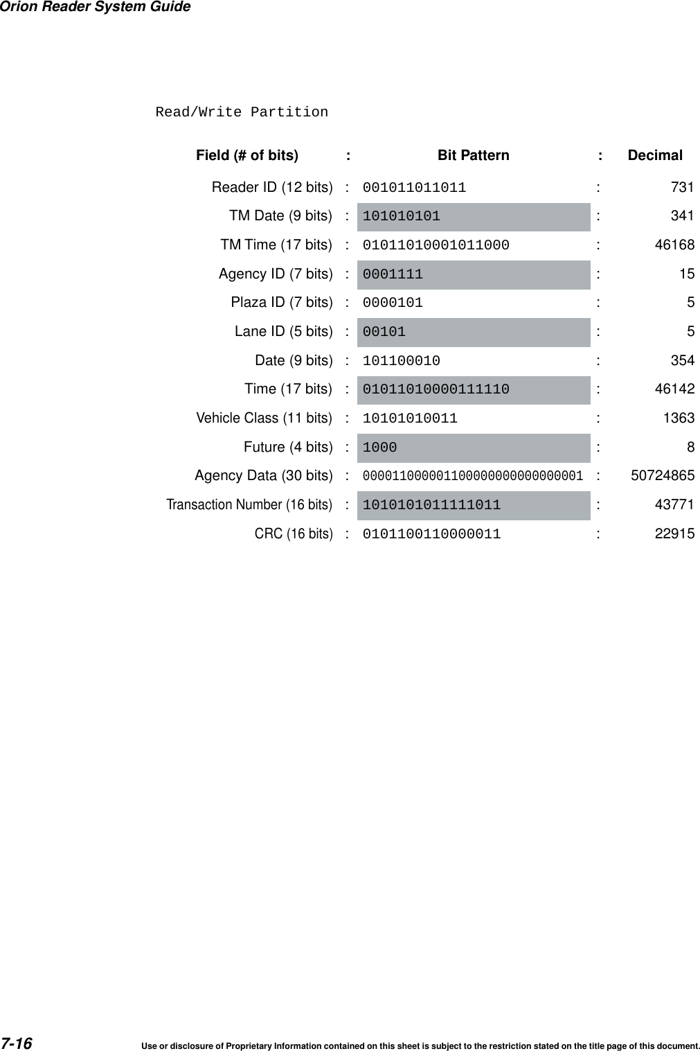 Orion Reader System Guide7-16 Use or disclosure of Proprietary Information contained on this sheet is subject to the restriction stated on the title page of this document.Read/Write PartitionField (# of bits) : Bit Pattern : DecimalReader ID (12 bits) : 001011011011 : 731TM Date (9 bits) : 101010101 : 341TM Time (17 bits) : 01011010001011000 : 46168Agency ID (7 bits) : 0001111 :15Plaza ID (7 bits) : 0000101 :5Lane ID (5 bits) : 00101 :5Date (9 bits) : 101100010 : 354Time (17 bits) : 01011010000111110 : 46142Vehicle Class (11 bits):10101010011 : 1363Future (4 bits) : 1000 :8Agency Data (30 bits) :000011000001100000000000000001: 50724865Transaction Number (16 bits):1010101011111011 : 43771CRC (16 bits):0101100110000011 : 22915