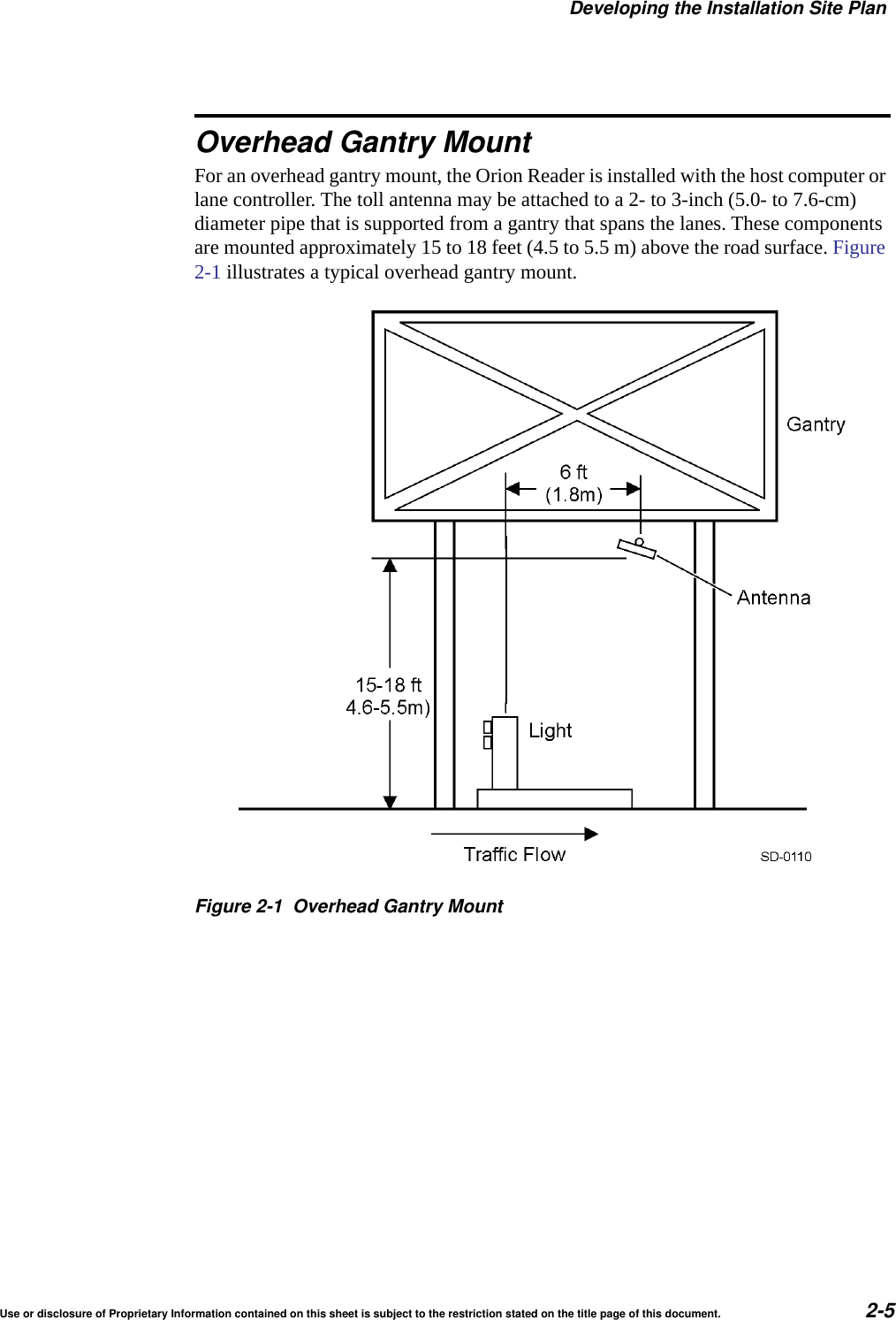 Developing the Installation Site PlanUse or disclosure of Proprietary Information contained on this sheet is subject to the restriction stated on the title page of this document. 2-5Overhead Gantry MountFor an overhead gantry mount, the Orion Reader is installed with the host computer or lane controller. The toll antenna may be attached to a 2- to 3-inch (5.0- to 7.6-cm) diameter pipe that is supported from a gantry that spans the lanes. These components are mounted approximately 15 to 18 feet (4.5 to 5.5 m) above the road surface. Figure 2-1 illustrates a typical overhead gantry mount.Figure 2-1 Overhead Gantry Mount