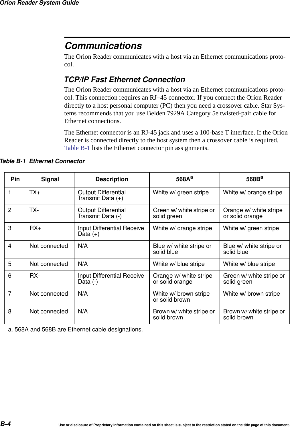 Orion Reader System GuideB-4 Use or disclosure of Proprietary Information contained on this sheet is subject to the restriction stated on the title page of this document.CommunicationsThe Orion Reader communicates with a host via an Ethernet communications proto-col.TCP/IP Fast Ethernet ConnectionThe Orion Reader communicates with a host via an Ethernet communications proto-col. This connection requires an RJ&ndash;45 connector. If you connect the Orion Reader directly to a host personal computer (PC) then you need a crossover cable. Star Sys-tems recommends that you use Belden 7929A Category 5e twisted-pair cable for Ethernet connections.The Ethernet connector is an RJ-45 jack and uses a 100-base T interface. If the Orion Reader is connected directly to the host system then a crossover cable is required. Table B-1 lists the Ethernet connector pin assignments.Table B-1 Ethernet ConnectorPin Signal Description 568Aa568Ba1 TX+ Output DifferentialTransmit Data (+) White w/ green stripe White w/ orange stripe2 TX- Output DifferentialTransmit Data (-) Green w/ white stripe orsolid green Orange w/ white stripeor solid orange3 RX+ Input Differential ReceiveData (+) White w/ orange stripe White w/ green stripe4 Not connected N/A Blue w/ white stripe orsolid blue Blue w/ white stripe orsolid blue5 Not connected N/A White w/ blue stripe White w/ blue stripe6 RX- Input Differential ReceiveData (-) Orange w/ white stripeor solid orange Green w/ white stripe orsolid green7 Not connected N/A White w/ brown stripeor solid brown White w/ brown stripe8 Not connected N/A Brown w/ white stripe orsolid brown Brown w/ white stripe orsolid browna. 568A and 568B are Ethernet cable designations.