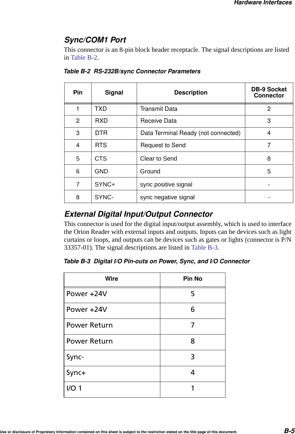 Hardware InterfacesUse or disclosure of Proprietary Information contained on this sheet is subject to the restriction stated on the title page of this document. B-5Sync/COM1 PortThis connector is an 8-pin block header receptacle. The signal descriptions are listed in Table B-2.External Digital Input/Output ConnectorThis connector is used for the digital input/output assembly, which is used to interface the Orion Reader with external inputs and outputs. Inputs can be devices such as light curtains or loops, and outputs can be devices such as gates or lights (connector is P/N 33357-01). The signal descriptions are listed in Table B-3.Table B-3 Digital I/O Pin-outs on Power, Sync, and I/O ConnectorTable B-2 RS-232B/sync Connector ParametersPin Signal Description DB-9 SocketConnector1 TXD Transmit Data 22 RXD Receive Data 33 DTR Data Terminal Ready (not connected) 44 RTS Request to Send 75 CTS Clear to Send 86 GND Ground 57 SYNC+ sync positive signal -8 SYNC- sync negative signal -Wire Pin NoPower +24V 5Power +24V 6Power Return 7Power Return 8Sync- 3Sync+ 4I/O 1 1