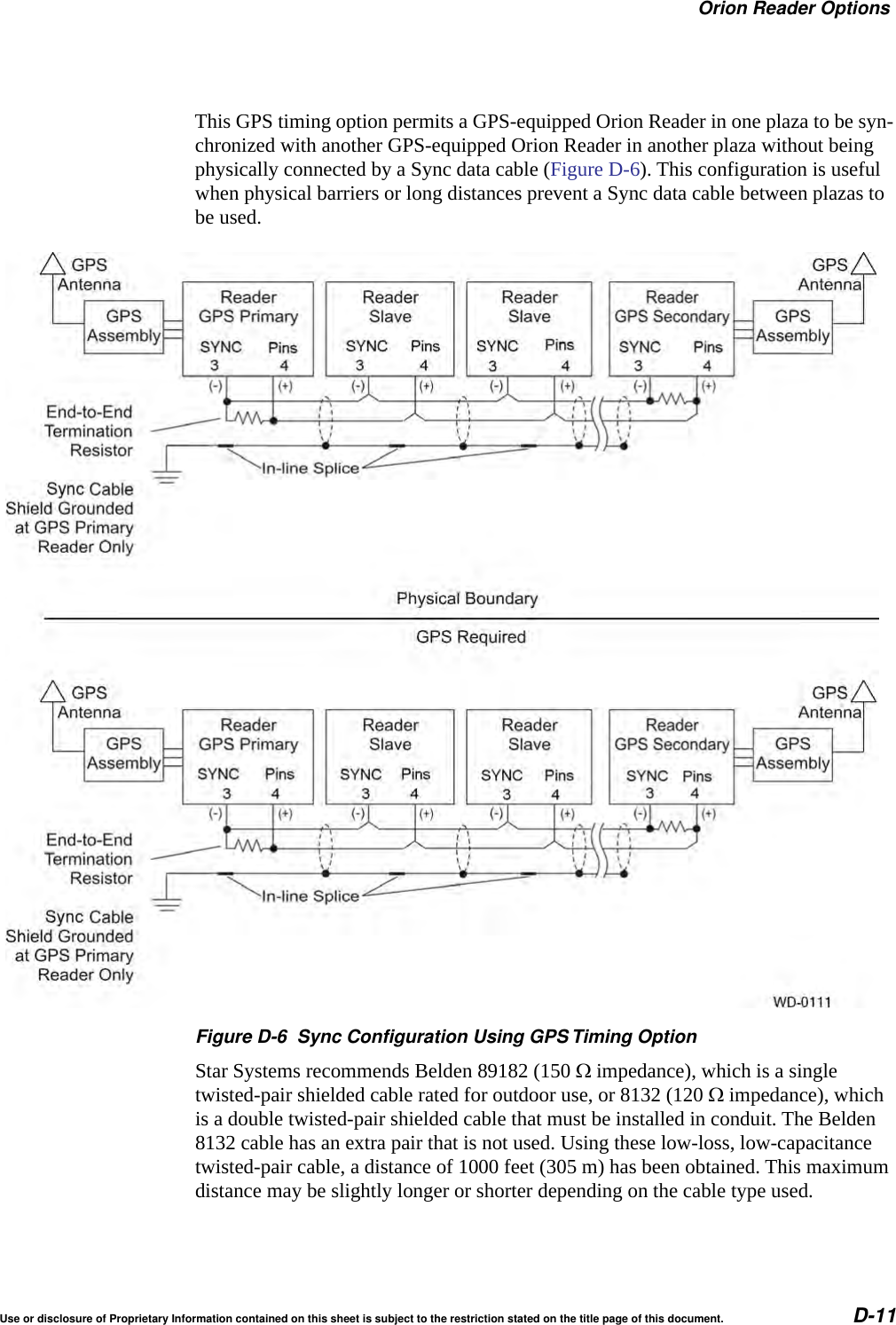 Orion Reader OptionsUse or disclosure of Proprietary Information contained on this sheet is subject to the restriction stated on the title page of this document. D-11This GPS timing option permits a GPS-equipped Orion Reader in one plaza to be syn-chronized with another GPS-equipped Orion Reader in another plaza without being physically connected by a Sync data cable (Figure D-6). This configuration is useful when physical barriers or long distances prevent a Sync data cable between plazas to be used. Figure D-6 Sync Configuration Using GPS Timing OptionStar Systems recommends Belden 89182 (150  impedance), which is a single twisted-pair shielded cable rated for outdoor use, or 8132 (120  impedance), which is a double twisted-pair shielded cable that must be installed in conduit. The Belden 8132 cable has an extra pair that is not used. Using these low-loss, low-capacitance twisted-pair cable, a distance of 1000 feet (305 m) has been obtained. This maximum distance may be slightly longer or shorter depending on the cable type used.