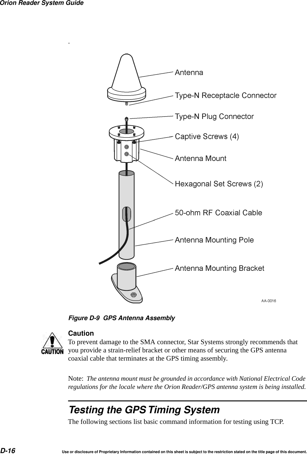 Orion Reader System GuideD-16 Use or disclosure of Proprietary Information contained on this sheet is subject to the restriction stated on the title page of this document..Figure D-9 GPS Antenna AssemblyCautionTo prevent damage to the SMA connector, Star Systems strongly recommends that you provide a strain-relief bracket or other means of securing the GPS antenna coaxial cable that terminates at the GPS timing assembly.Note:  The antenna mount must be grounded in accordance with National Electrical Code regulations for the locale where the Orion Reader/GPS antenna system is being installed.Testing the GPS Timing SystemThe following sections list basic command information for testing using TCP.