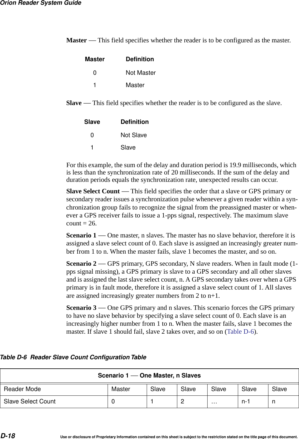 Orion Reader System GuideD-18 Use or disclosure of Proprietary Information contained on this sheet is subject to the restriction stated on the title page of this document.Master &mdash; This field specifies whether the reader is to be configured as the master.Slave &mdash; This field specifies whether the reader is to be configured as the slave.For this example, the sum of the delay and duration period is 19.9 milliseconds, which is less than the synchronization rate of 20 milliseconds. If the sum of the delay and duration periods equals the synchronization rate, unexpected results can occur.Slave Select Count &mdash; This field specifies the order that a slave or GPS primary or secondary reader issues a synchronization pulse whenever a given reader within a syn-chronization group fails to recognize the signal from the preassigned master or when-ever a GPS receiver fails to issue a 1-pps signal, respectively. The maximum slave count = 26.Scenario 1 &mdash; One master, n slaves. The master has no slave behavior, therefore it is assigned a slave select count of 0. Each slave is assigned an increasingly greater num-ber from 1 to n. When the master fails, slave 1 becomes the master, and so on.Scenario 2 &mdash; GPS primary, GPS secondary, N slave readers. When in fault mode (1-pps signal missing), a GPS primary is slave to a GPS secondary and all other slaves and is assigned the last slave select count, n. A GPS secondary takes over when a GPS primary is in fault mode, therefore it is assigned a slave select count of 1. All slaves are assigned increasingly greater numbers from 2 to n+1.Scenario 3 &mdash; One GPS primary and n slaves. This scenario forces the GPS primary to have no slave behavior by specifying a slave select count of 0. Each slave is an increasingly higher number from 1 to n. When the master fails, slave 1 becomes the master. If slave 1 should fail, slave 2 takes over, and so on (Table D-6).Master Definition0 Not Master1 MasterSlave Definition0 Not Slave1 SlaveTable D-6 Reader Slave Count ConfigurationTableScenario 1 &mdash;One Master, n SlavesReader Mode Master Slave Slave Slave Slave SlaveSlave Select Count 0 1 2 &hellip; n-1 n