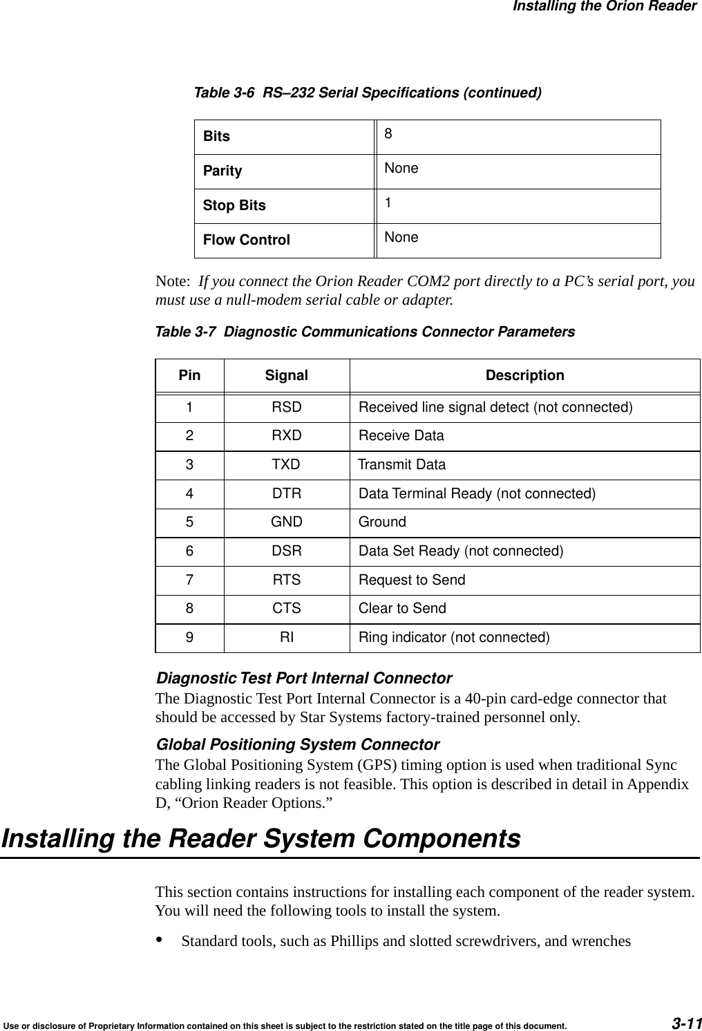 Installing the Orion ReaderUse or disclosure of Proprietary Information contained on this sheet is subject to the restriction stated on the title page of this document. 3-11Note:  If you connect the Orion Reader COM2 port directly to a PC&rsquo;s serial port, you must use a null-modem serial cable or adapter.Diagnostic Test Port Internal ConnectorThe Diagnostic Test Port Internal Connector is a 40-pin card-edge connector that should be accessed by Star Systems factory-trained personnel only.Global Positioning System ConnectorThe Global Positioning System (GPS) timing option is used when traditional Sync cabling linking readers is not feasible. This option is described in detail in Appendix D, &ldquo;Orion Reader Options.&rdquo;Installing the Reader System ComponentsThis section contains instructions for installing each component of the reader system. You will need the following tools to install the system.&bull;Standard tools, such as Phillips and slotted screwdrivers, and wrenchesBits 8Parity NoneStop Bits 1Flow Control NoneTable 3-7 Diagnostic Communications Connector ParametersPin Signal Description1 RSD Received line signal detect (not connected)2 RXD Receive Data3 TXD Transmit Data4 DTR Data Terminal Ready (not connected)5 GND Ground6 DSR Data Set Ready (not connected)7 RTS Request to Send8 CTS Clear to Send9 RI Ring indicator (not connected)Table 3-6 RS&ndash;232 Serial Specifications (continued)