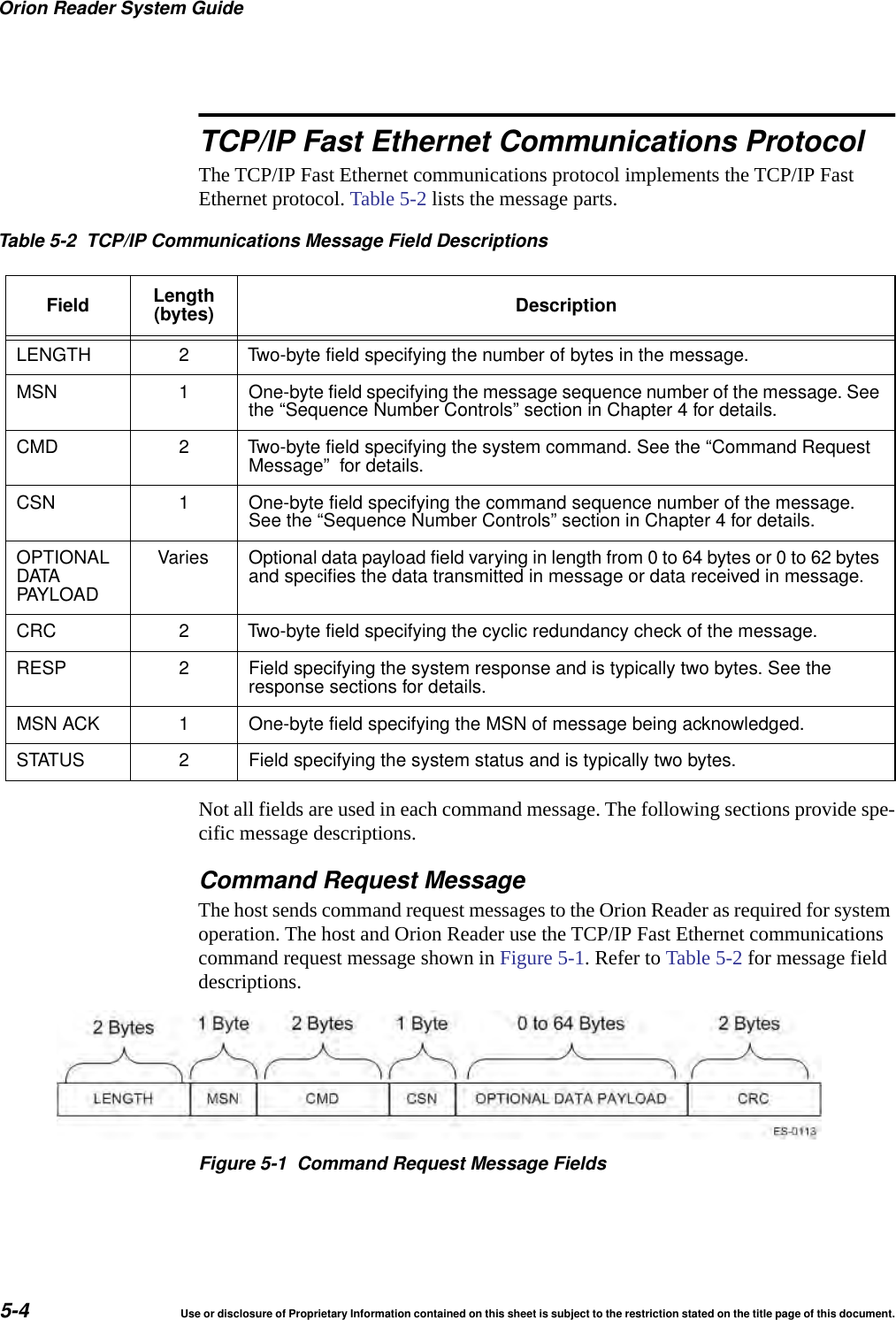 Orion Reader System Guide5-4 Use or disclosure of Proprietary Information contained on this sheet is subject to the restriction stated on the title page of this document.TCP/IP Fast Ethernet Communications ProtocolThe TCP/IP Fast Ethernet communications protocol implements the TCP/IP Fast Ethernet protocol. Table 5-2 lists the message parts.Not all fields are used in each command message. The following sections provide spe-cific message descriptions.Command Request MessageThe host sends command request messages to the Orion Reader as required for system operation. The host and Orion Reader use the TCP/IP Fast Ethernet communications command request message shown in Figure 5-1. Refer to Table 5-2 for message field descriptions.Figure 5-1 Command Request Message FieldsTable 5-2 TCP/IP Communications Message Field DescriptionsField Length(bytes) DescriptionLENGTH 2 Two-byte field specifying the number of bytes in the message.MSN 1 One-byte field specifying the message sequence number of the message. Seethe &ldquo;Sequence Number Controls&rdquo; section in Chapter 4 for details.CMD 2 Two-byte field specifying the system command. See the &ldquo;Command RequestMessage&rdquo; for details.CSN 1 One-byte field specifying the command sequence number of the message.See the &ldquo;Sequence Number Controls&rdquo; section in Chapter 4 for details.OPTIONALDATAPAYLOADVaries Optional data payload field varying in length from 0 to 64 bytes or 0 to 62 bytesand specifies the data transmitted in message or data received in message.CRC 2 Two-byte field specifying the cyclic redundancy check of the message.RESP 2 Field specifying the system response and is typically two bytes. See theresponse sections for details.MSN ACK 1 One-byte field specifying the MSN of message being acknowledged.STATUS 2 Field specifying the system status and is typically two bytes.