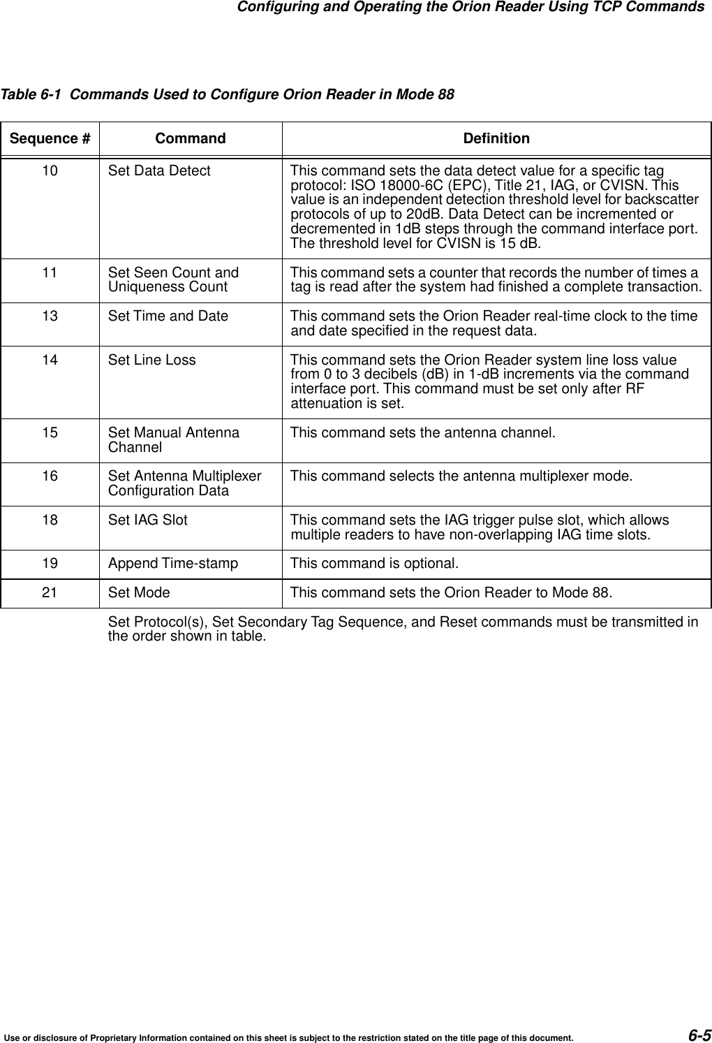 Configuring and Operating the Orion Reader Using TCP CommandsUse or disclosure of Proprietary Information contained on this sheet is subject to the restriction stated on the title page of this document. 6-510 Set Data Detect This command sets the data detect value for a specific tagprotocol: ISO 18000-6C (EPC), Title 21, IAG, or CVISN. Thisvalue is an independent detection threshold level for backscatterprotocols of up to 20dB. Data Detect can be incremented ordecremented in 1dB steps through the command interface port.The threshold level for CVISN is 15 dB.11 Set Seen Count andUniqueness Count This command sets a counter that records the number of times atag is read after the system had finished a complete transaction.13 Set Time and Date This command sets the Orion Reader real-time clock to the timeand date specified in the request data.14 Set Line Loss This command sets the Orion Reader system line loss valuefrom 0 to 3 decibels (dB) in 1-dB increments via the commandinterface port. This command must be set only after RFattenuation is set.15 Set Manual AntennaChannel This command sets the antenna channel.16 Set Antenna MultiplexerConfiguration Data This command selects the antenna multiplexer mode.18 Set IAG Slot This command sets the IAG trigger pulse slot, which allowsmultiple readers to have non-overlapping IAG time slots.19 Append Time-stamp This command is optional.21 Set Mode This command sets the Orion Reader to Mode 88.Set Protocol(s), Set Secondary Tag Sequence, and Reset commands must be transmitted inthe order shown in table.Table 6-1 Commands Used to Configure Orion Reader in Mode 88Sequence # Command Definition