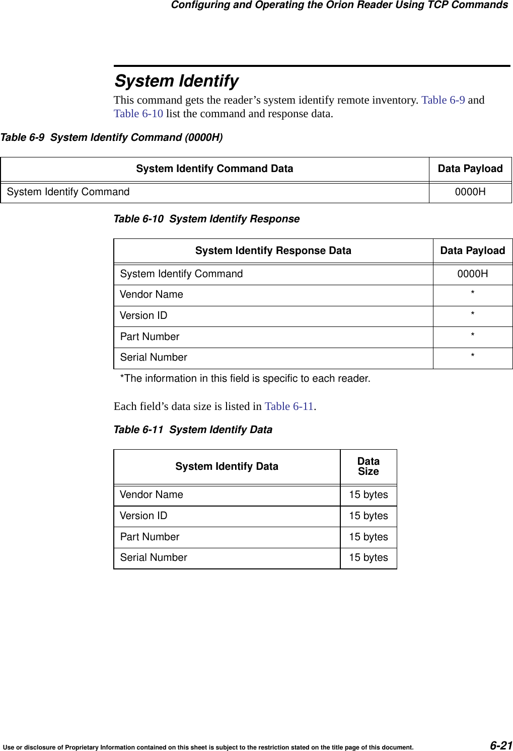 Configuring and Operating the Orion Reader Using TCP CommandsUse or disclosure of Proprietary Information contained on this sheet is subject to the restriction stated on the title page of this document. 6-21System IdentifyThis command gets the reader&rsquo;s system identify remote inventory. Table 6-9 and Table 6-10 list the command and response data. Each field&rsquo;s data size is listed in Table 6-11.Table 6-9 System Identify Command (0000H)System Identify Command Data Data PayloadSystem Identify Command 0000HTable 6-10 System Identify ResponseSystem Identify Response Data Data PayloadSystem Identify Command 0000HVendor Name *Version ID *Part Number *Serial Number **The information in this field is specific to each reader.Table 6-11 System Identify DataSystem Identify Data DataSizeVendor Name 15 bytesVersion ID 15 bytesPart Number 15 bytesSerial Number 15 bytes
