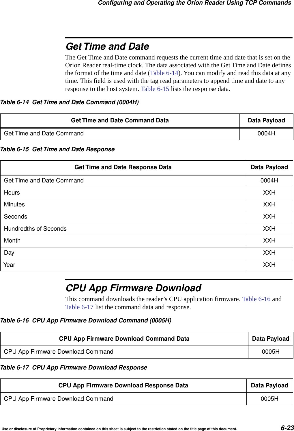 Configuring and Operating the Orion Reader Using TCP CommandsUse or disclosure of Proprietary Information contained on this sheet is subject to the restriction stated on the title page of this document. 6-23Get Time and DateThe Get Time and Date command requests the current time and date that is set on the Orion Reader real-time clock. The data associated with the Get Time and Date defines the format of the time and date (Table 6-14). You can modify and read this data at any time. This field is used with the tag read parameters to append time and date to any response to the host system. Table 6-15 lists the response data.CPU App Firmware DownloadThis command downloads the reader&rsquo;s CPU application firmware. Table 6-16 and Table 6-17 list the command data and response.Table 6-14 Get Time and Date Command (0004H)Get Time and Date Command Data Data PayloadGet Time and Date Command 0004HTable 6-15 Get Time and Date ResponseGet Time and Date Response Data Data PayloadGet Time and Date Command 0004HHours XXHMinutes XXHSeconds XXHHundredths of Seconds XXHMonth XXHDay XXHYear XXHTable 6-16 CPU App Firmware Download Command (0005H)CPU App Firmware Download Command Data Data PayloadCPU App Firmware Download Command 0005HTable 6-17 CPU App Firmware Download ResponseCPU App Firmware Download Response Data Data PayloadCPU App Firmware Download Command 0005H