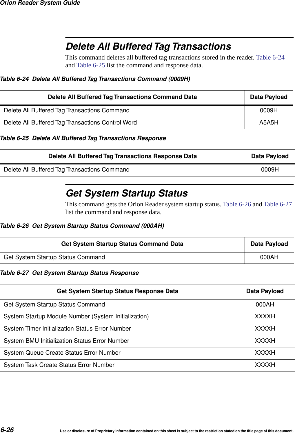 Orion Reader System Guide6-26 Use or disclosure of Proprietary Information contained on this sheet is subject to the restriction stated on the title page of this document.Delete All Buffered Tag TransactionsThis command deletes all buffered tag transactions stored in the reader. Table 6-24 and Table 6-25 list the command and response data.Get System Startup StatusThis command gets the Orion Reader system startup status. Table 6-26 and Table 6-27 list the command and response data.Table 6-24 Delete All Buffered Tag Transactions Command (0009H)Delete All Buffered Tag Transactions Command Data Data PayloadDelete All Buffered Tag Transactions Command 0009HDelete All Buffered Tag Transactions Control Word A5A5HTable 6-25 Delete All Buffered Tag Transactions ResponseDelete All Buffered Tag Transactions Response Data Data PayloadDelete All Buffered Tag Transactions Command 0009HTable 6-26 Get System Startup Status Command (000AH)Get System Startup Status Command Data Data PayloadGet System Startup Status Command 000AHTable 6-27 Get System Startup Status ResponseGet System Startup Status Response Data Data PayloadGet System Startup Status Command 000AHSystem Startup Module Number (System Initialization) XXXXHSystem Timer Initialization Status Error Number XXXXHSystem BMU Initialization Status Error Number XXXXHSystem Queue Create Status Error Number XXXXHSystem Task Create Status Error Number XXXXH