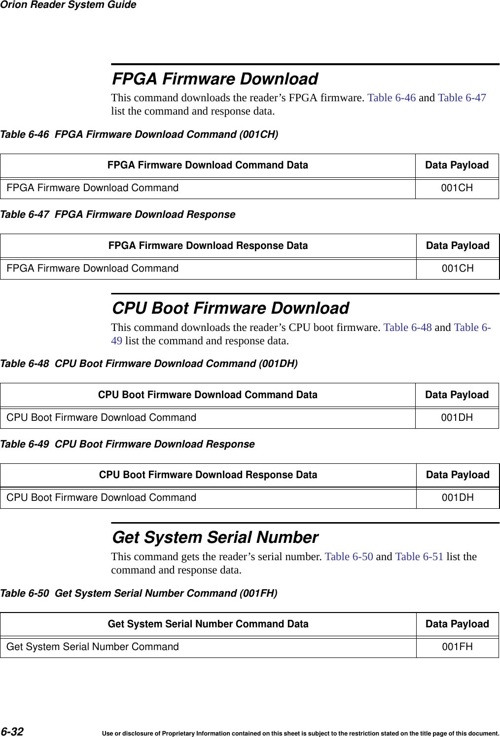 Orion Reader System Guide6-32 Use or disclosure of Proprietary Information contained on this sheet is subject to the restriction stated on the title page of this document.FPGA Firmware DownloadThis command downloads the reader&rsquo;s FPGA firmware. Table 6-46 and Table 6-47 list the command and response data.CPU Boot Firmware DownloadThis command downloads the reader&rsquo;s CPU boot firmware. Table 6-48 and Table 6-49 list the command and response data.Get System Serial NumberThis command gets the reader&rsquo;s serial number. Table 6-50 and Table 6-51 list the command and response data.Table 6-46 FPGA Firmware Download Command (001CH)FPGA Firmware Download Command DataData PayloadFPGA Firmware Download Command 001CHTable 6-47 FPGA Firmware Download ResponseFPGA Firmware Download Response DataData PayloadFPGA Firmware Download Command 001CHTable 6-48 CPU Boot Firmware Download Command (001DH)CPU Boot Firmware Download Command DataData PayloadCPU Boot Firmware Download Command 001DHTable 6-49 CPU Boot Firmware Download ResponseCPU Boot Firmware Download Response DataData PayloadCPU Boot Firmware Download Command 001DHTable 6-50 Get System Serial Number Command (001FH)Get System Serial Number Command DataData PayloadGet System Serial Number Command 001FH
