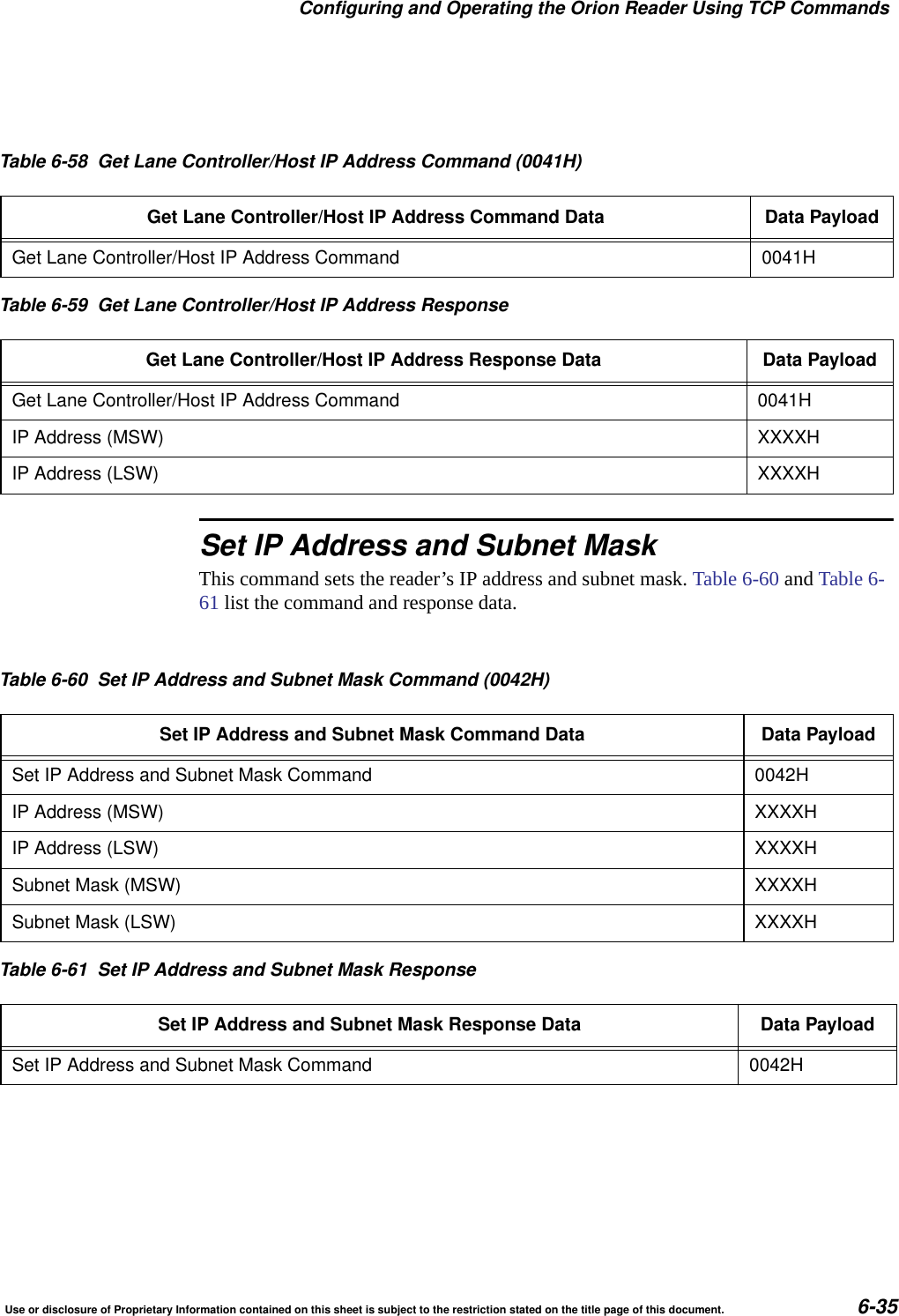 Configuring and Operating the Orion Reader Using TCP CommandsUse or disclosure of Proprietary Information contained on this sheet is subject to the restriction stated on the title page of this document. 6-35Set IP Address and Subnet MaskThis command sets the reader&rsquo;s IP address and subnet mask. Table 6-60 and Table 6-61 list the command and response data.Table 6-58 Get Lane Controller/Host IP Address Command (0041H)Get Lane Controller/Host IP Address Command Data Data PayloadGet Lane Controller/Host IP Address Command 0041HTable 6-59 Get Lane Controller/Host IP Address ResponseGet Lane Controller/Host IP Address Response Data Data PayloadGet Lane Controller/Host IP Address Command 0041HIP Address (MSW) XXXXHIP Address (LSW) XXXXHTable 6-60 Set IP Address and Subnet Mask Command (0042H)Set IP Address and Subnet Mask Command Data Data PayloadSet IP Address and Subnet Mask Command 0042HIP Address (MSW) XXXXHIP Address (LSW) XXXXHSubnet Mask (MSW) XXXXHSubnet Mask (LSW) XXXXHTable 6-61 Set IP Address and Subnet Mask ResponseSet IP Address and Subnet Mask Response Data Data PayloadSet IP Address and Subnet Mask Command 0042H