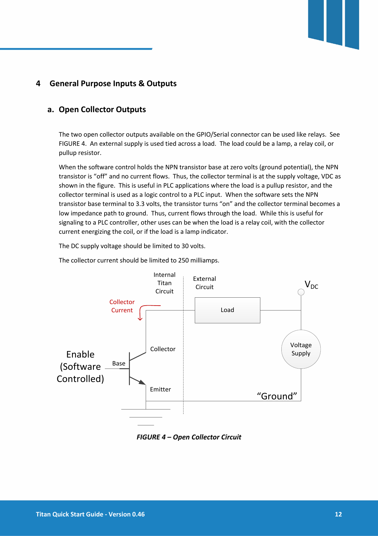  Titan Quick Start Guide - Version 0.46  12      4 General Purpose Inputs &amp; Outputs   a. Open Collector Outputs  The two open collector outputs available on the GPIO/Serial connector can be used like relays.  See FIGURE 4.  An external supply is used tied across a load.  The load could be a lamp, a relay coil, or pullup resistor.   When the software control holds the NPN transistor base at zero volts (ground potential), the NPN transistor is &ldquo;off&rdquo; and no current flows.  Thus, the collector terminal is at the supply voltage, VDC as shown in the figure.  This is useful in PLC applications where the load is a pullup resistor, and the collector terminal is used as a logic control to a PLC input.  When the software sets the NPN transistor base terminal to 3.3 volts, the transistor turns &ldquo;on&rdquo; and the collector terminal becomes a low impedance path to ground.  Thus, current flows through the load.  While this is useful for signaling to a PLC controller, other uses can be when the load is a relay coil, with the collector current energizing the coil, or if the load is a lamp indicator. The DC supply voltage should be limited to 30 volts. The collector current should be limited to 250 milliamps. LoadVDCEnable (Software Controlled)CollectorEmitterBaseCollectorCurrentVoltage Supply&ldquo;Ground&rdquo;Internal Titan CircuitExternal Circuit FIGURE 4 &ndash; Open Collector Circuit     