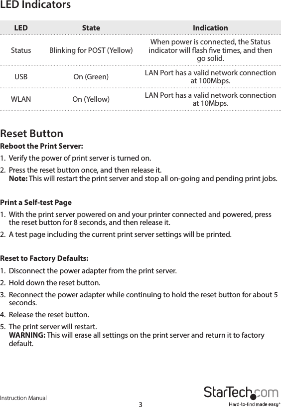 Instruction Manual3LED IndicatorsLED State IndicationStatus Blinking for POST (Yellow)When power is connected, the Status indicator will ash ve times, and then go solid.USB On (Green) LAN Port has a valid network connection at 100Mbps.WLAN On (Yellow) LAN Port has a valid network connection at 10Mbps.Reset ButtonReboot the Print Server: 1.  Verify the power of print server is turned on. 2.  Press the reset button once, and then release it. Note: This will restart the print server and stop all on-going and pending print jobs.Print a Self-test Page1.  With the print server powered on and your printer connected and powered, press the reset button for 8 seconds, and then release it.2.  A test page including the current print server settings will be printed.Reset to Factory Defaults: 1.  Disconnect the power adapter from the print server. 2.  Hold down the reset button. 3.  Reconnect the power adapter while continuing to hold the reset button for about 5 seconds. 4.  Release the reset button. 5.  The print server will restart. WARNING: This will erase all settings on the print server and return it to factory default.