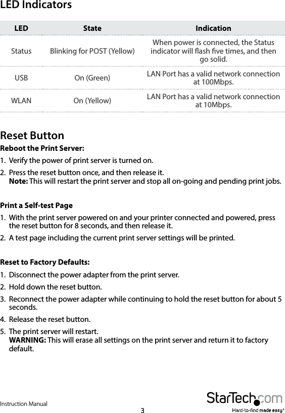 Instruction Manual3LED IndicatorsLED State IndicationStatus Blinking for POST (Yellow)When power is connected, the Status indicator will ash ve times, and then go solid.USB On (Green) LAN Port has a valid network connection at 100Mbps.WLAN On (Yellow) LAN Port has a valid network connection at 10Mbps.Reset ButtonReboot the Print Server: 1.  Verify the power of print server is turned on. 2.  Press the reset button once, and then release it. Note: This will restart the print server and stop all on-going and pending print jobs.Print a Self-test Page1.  With the print server powered on and your printer connected and powered, press the reset button for 8 seconds, and then release it.2.  A test page including the current print server settings will be printed.Reset to Factory Defaults: 1.  Disconnect the power adapter from the print server. 2.  Hold down the reset button. 3.  Reconnect the power adapter while continuing to hold the reset button for about 5 seconds. 4.  Release the reset button. 5.  The print server will restart. WARNING: This will erase all settings on the print server and return it to factory default.