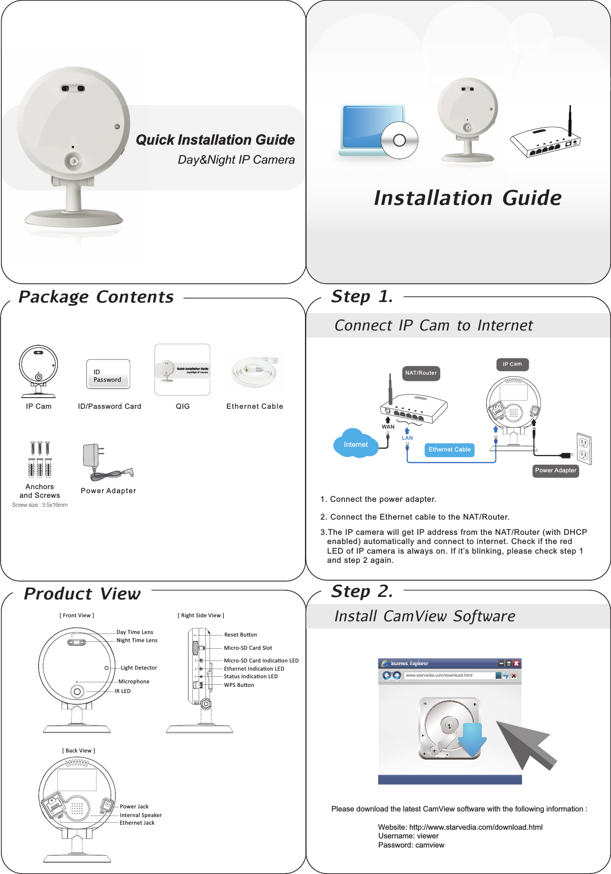 Product  ViewQuick Installation GuideDay&amp;Night IP CameraConnect  IP  Cam  to  Internet1. Connect the power adapter.2. Connect the Ethernet cable to the NAT/Router.3.The IP camera will get IP address from the NAT/Router (with DHCP enabled) automatically and connect to internet. Check if the red LED of IP camera is always on. If it’s blinking, please check step 1 and step 2 again.   Install  CamView  SoftwarePlease download the latest CamView software with the following information : Website: http://www.starvedia.com/download.html                             Username: viewer                             Password: camviewStep  1.Step  2.Installation  GuideIP CamNAT/RouterEthernet CablePower AdapterQuick Installation GuideDay&amp;Night IP CameraIR LEDLight DetectorMicrophoneNight Time Lens !&quot;!#$%&amp;&apos;()Micro-SD Card Slot*+,-(./0$12-3$4)3+,25()$6707#8!-)!#$4)3+,25()$670/#2#&amp;&quot;$4)3+,25()$6709:/$%&amp;&apos;()Day Time Lens[ Front View ][ Back View ][ Right Side View ]Internal SpeakerPower JackEthernet JackIDPasswordIP Cam QIGAnchorsand ScrewsID/Password CardPow e r A d apt e rEth e r ne t Ca b l eLANWANPackage  ContentsQuInternetwww.starvedia.com/download.html