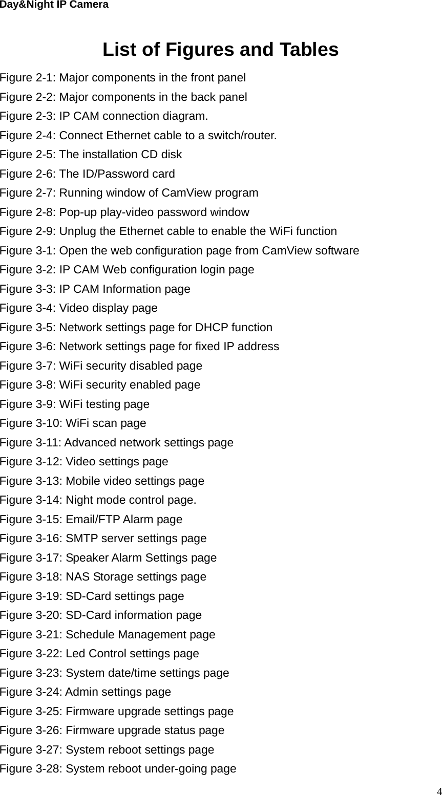 Day&amp;Night IP Camera List of Figures and Tables Figure 2-1: Major components in the front panel Figure 2-2: Major components in the back panel Figure 2-3: IP CAM connection diagram. Figure 2-4: Connect Ethernet cable to a switch/router. Figure 2-5: The installation CD disk Figure 2-6: The ID/Password card Figure 2-7: Running window of CamView program Figure 2-8: Pop-up play-video password window Figure 2-9: Unplug the Ethernet cable to enable the WiFi function Figure 3-1: Open the web configuration page from CamView software Figure 3-2: IP CAM Web configuration login page Figure 3-3: IP CAM Information page Figure 3-4: Video display page Figure 3-5: Network settings page for DHCP function Figure 3-6: Network settings page for fixed IP address   Figure 3-7: WiFi security disabled page Figure 3-8: WiFi security enabled page Figure 3-9: WiFi testing page Figure 3-10: WiFi scan page Figure 3-11: Advanced network settings page Figure 3-12: Video settings page Figure 3-13: Mobile video settings page Figure 3-14: Night mode control page. Figure 3-15: Email/FTP Alarm page Figure 3-16: SMTP server settings page Figure 3-17: Speaker Alarm Settings page Figure 3-18: NAS Storage settings page Figure 3-19: SD-Card settings page Figure 3-20: SD-Card information page Figure 3-21: Schedule Management page Figure 3-22: Led Control settings page Figure 3-23: System date/time settings page Figure 3-24: Admin settings page Figure 3-25: Firmware upgrade settings page Figure 3-26: Firmware upgrade status page Figure 3-27: System reboot settings page Figure 3-28: System reboot under-going page  4