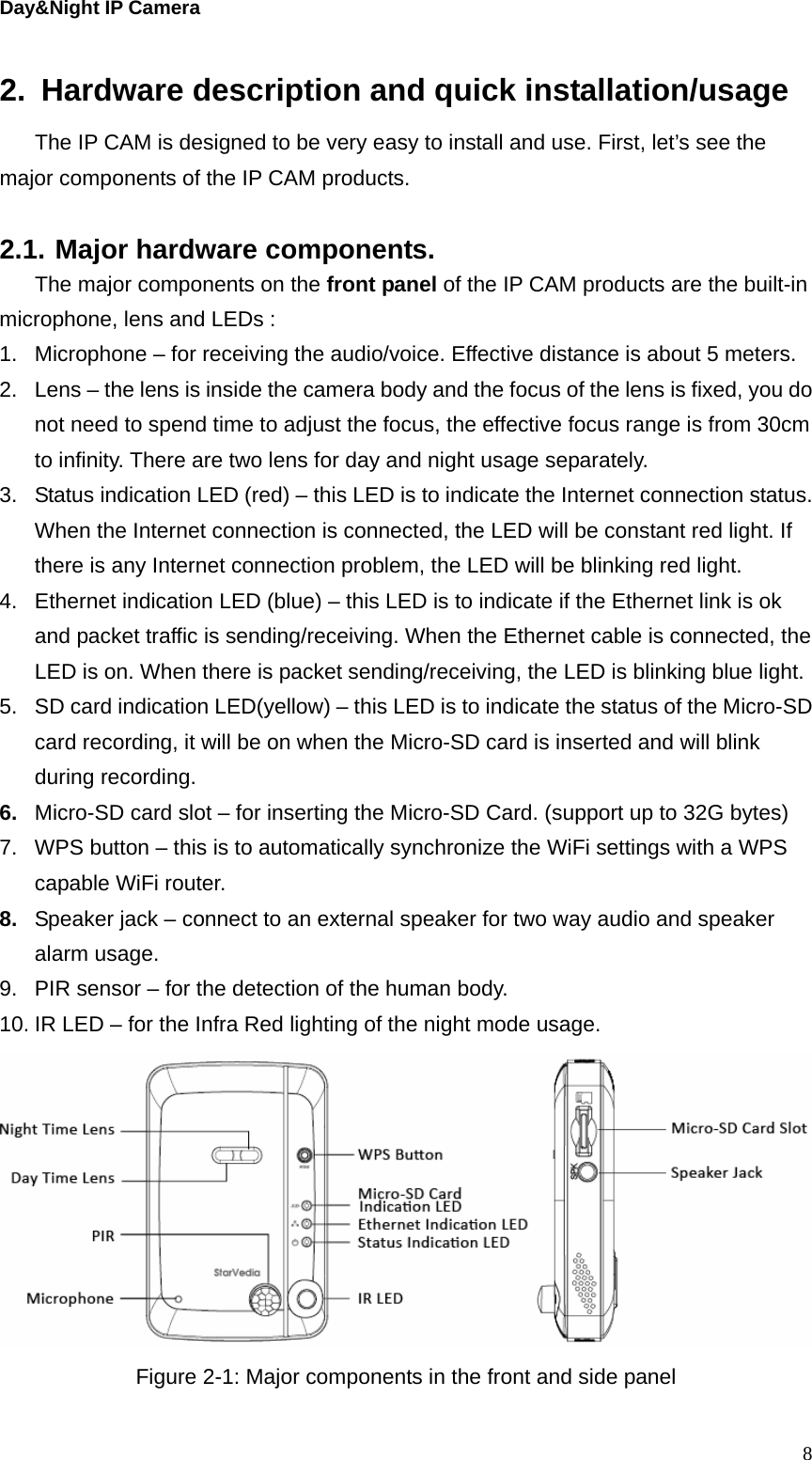 Day&amp;Night IP Camera 2.  Hardware description and quick installation/usage The IP CAM is designed to be very easy to install and use. First, let’s see the major components of the IP CAM products.  2.1. Major hardware components. The major components on the front panel of the IP CAM products are the built-in microphone, lens and LEDs : 1.  Microphone – for receiving the audio/voice. Effective distance is about 5 meters.   2.  Lens – the lens is inside the camera body and the focus of the lens is fixed, you do not need to spend time to adjust the focus, the effective focus range is from 30cm to infinity. There are two lens for day and night usage separately. 3.  Status indication LED (red) – this LED is to indicate the Internet connection status. When the Internet connection is connected, the LED will be constant red light. If there is any Internet connection problem, the LED will be blinking red light. 4.  Ethernet indication LED (blue) – this LED is to indicate if the Ethernet link is ok and packet traffic is sending/receiving. When the Ethernet cable is connected, the LED is on. When there is packet sending/receiving, the LED is blinking blue light. 5.  SD card indication LED(yellow) – this LED is to indicate the status of the Micro-SD card recording, it will be on when the Micro-SD card is inserted and will blink during recording. 6.  Micro-SD card slot – for inserting the Micro-SD Card. (support up to 32G bytes) 7.  WPS button – this is to automatically synchronize the WiFi settings with a WPS capable WiFi router. 8.  Speaker jack – connect to an external speaker for two way audio and speaker alarm usage. 9.  PIR sensor – for the detection of the human body. 10. IR LED – for the Infra Red lighting of the night mode usage.  Figure 2-1: Major components in the front and side panel   8