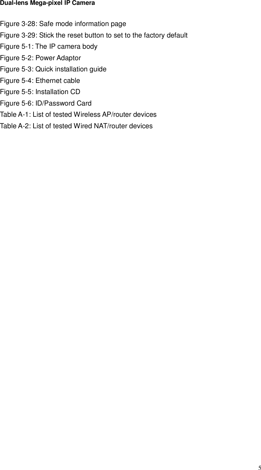 Dual-lens Mega-pixel IP Camera  5Figure 3-28: Safe mode information page Figure 3-29: Stick the reset button to set to the factory default Figure 5-1: The IP camera body            Figure 5-2: Power Adaptor Figure 5-3: Quick installation guide     Figure 5-4: Ethernet cable Figure 5-5: Installation CD            Figure 5-6: ID/Password Card Table A-1: List of tested Wireless AP/router devices Table A-2: List of tested Wired NAT/router devices   