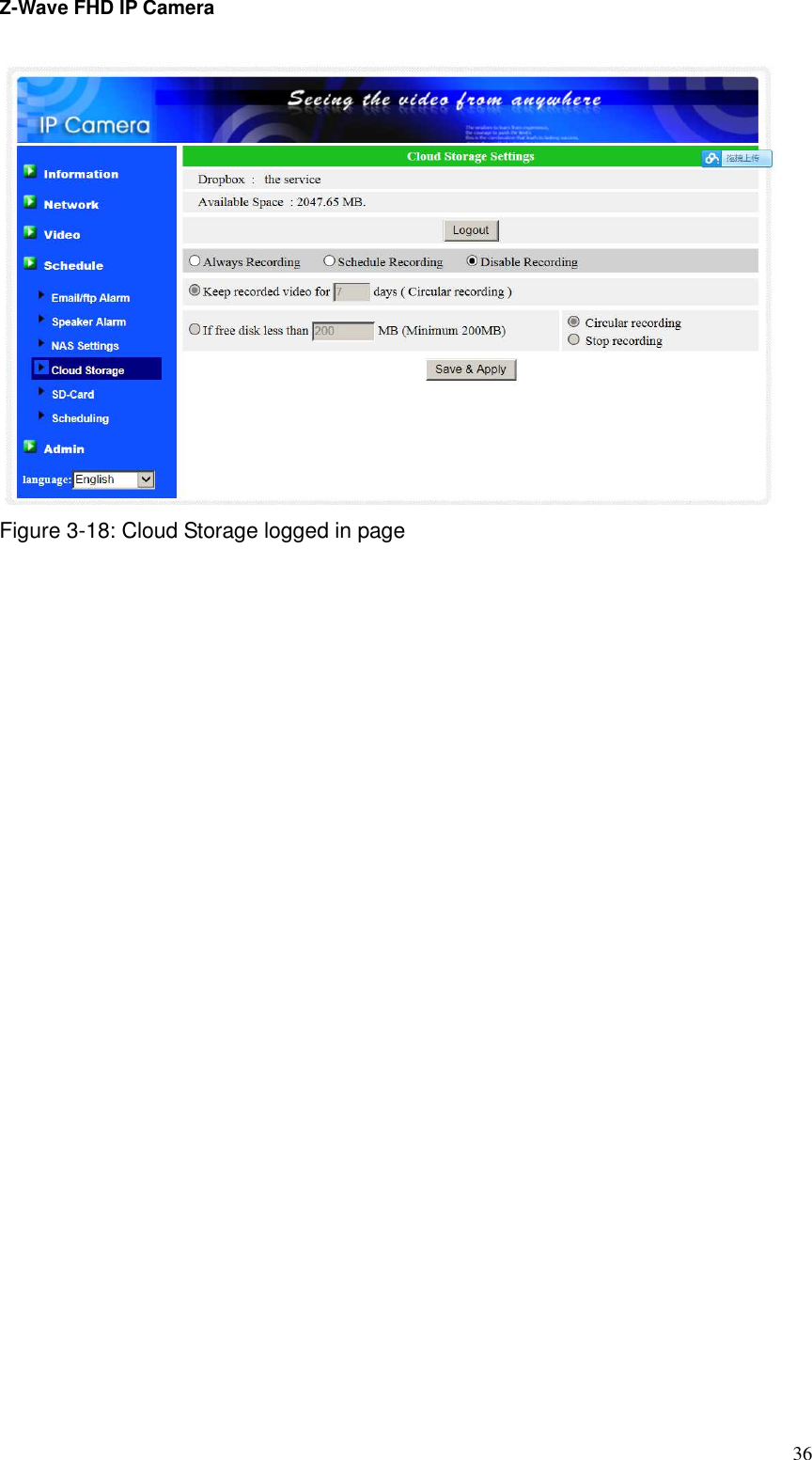 Z-Wave FHD IP Camera   36  Figure 3-18: Cloud Storage logged in page  