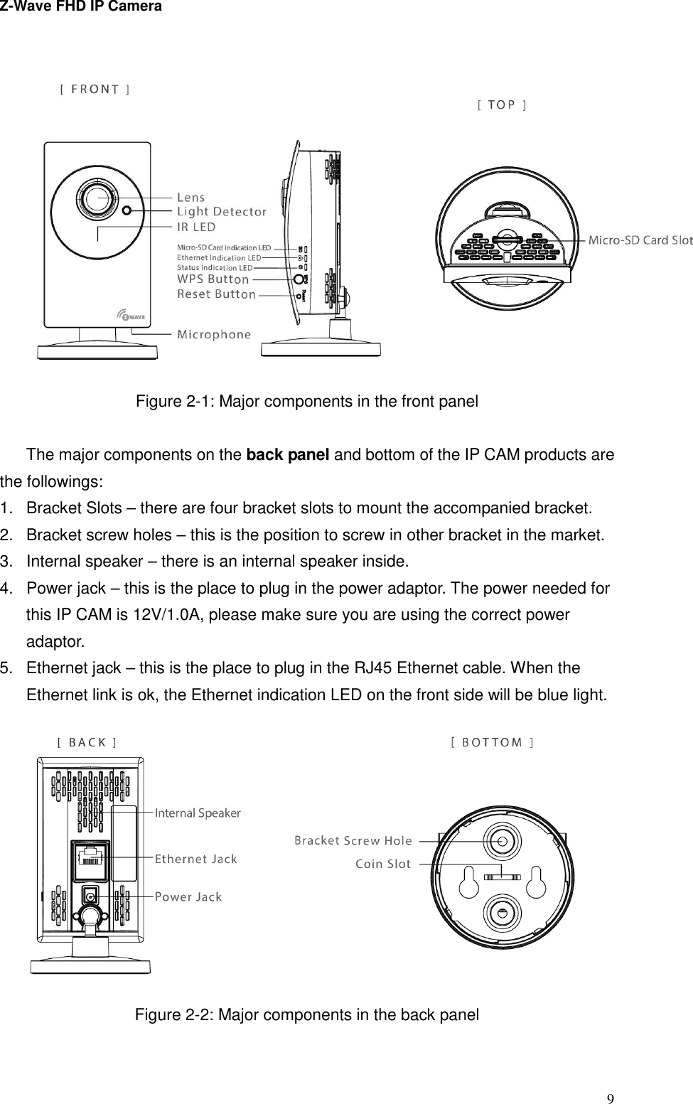 Z-Wave FHD IP Camera   9 Figure 2-1: Major components in the front panel  The major components on the back panel and bottom of the IP CAM products are the followings: 1.  Bracket Slots – there are four bracket slots to mount the accompanied bracket. 2.  Bracket screw holes – this is the position to screw in other bracket in the market.   3.  Internal speaker – there is an internal speaker inside. 4.  Power jack – this is the place to plug in the power adaptor. The power needed for this IP CAM is 12V/1.0A, please make sure you are using the correct power adaptor. 5.  Ethernet jack – this is the place to plug in the RJ45 Ethernet cable. When the Ethernet link is ok, the Ethernet indication LED on the front side will be blue light.  Figure 2-2: Major components in the back panel  