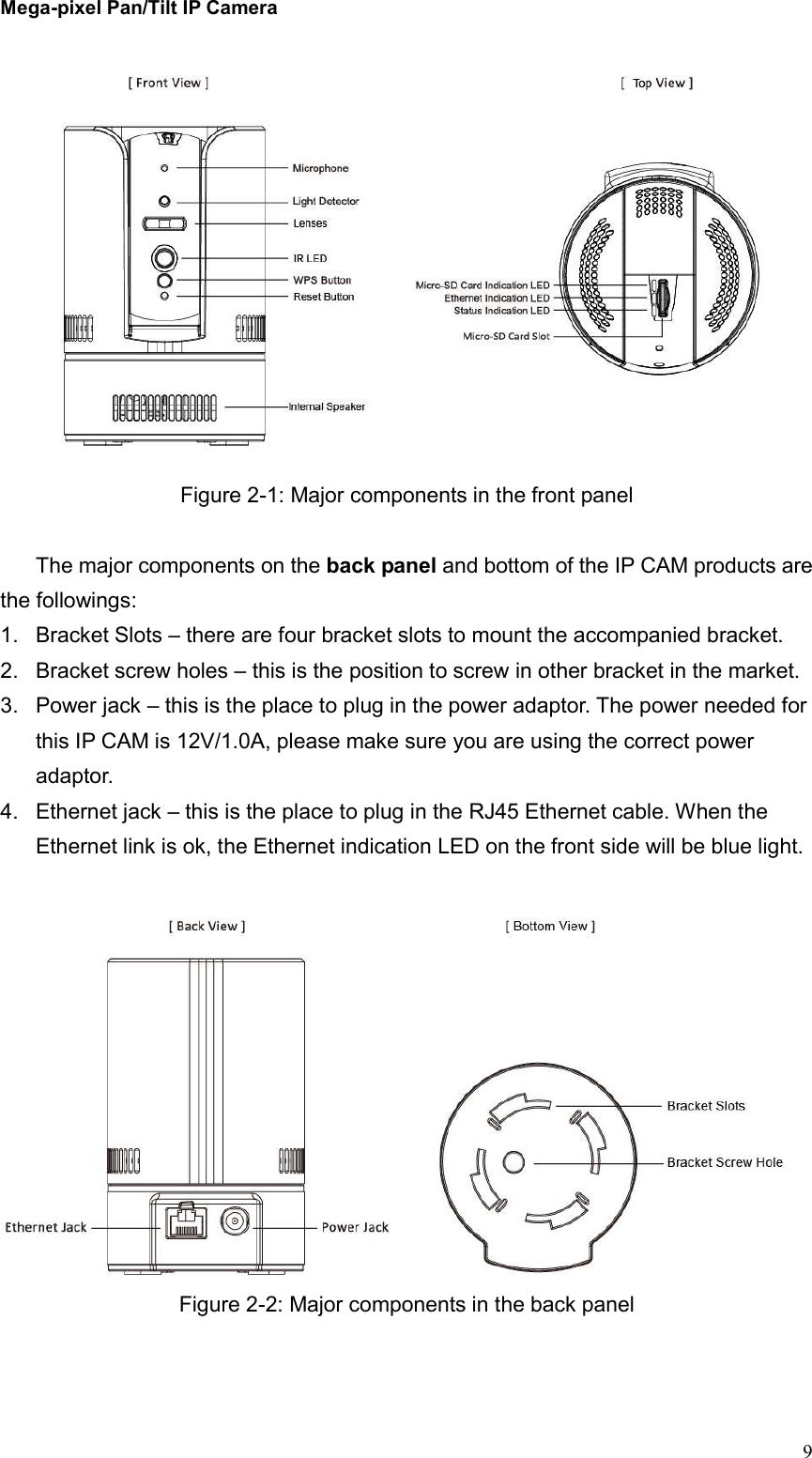 Mega-pixel Pan/Tilt IP Camera   9 Figure 2-1: Major components in the front panel  The major components on the back panel and bottom of the IP CAM products are the followings: 1.  Bracket Slots – there are four bracket slots to mount the accompanied bracket. 2.  Bracket screw holes – this is the position to screw in other bracket in the market.   3.  Power jack – this is the place to plug in the power adaptor. The power needed for this IP CAM is 12V/1.0A, please make sure you are using the correct power adaptor. 4.  Ethernet jack – this is the place to plug in the RJ45 Ethernet cable. When the Ethernet link is ok, the Ethernet indication LED on the front side will be blue light.   Figure 2-2: Major components in the back panel  