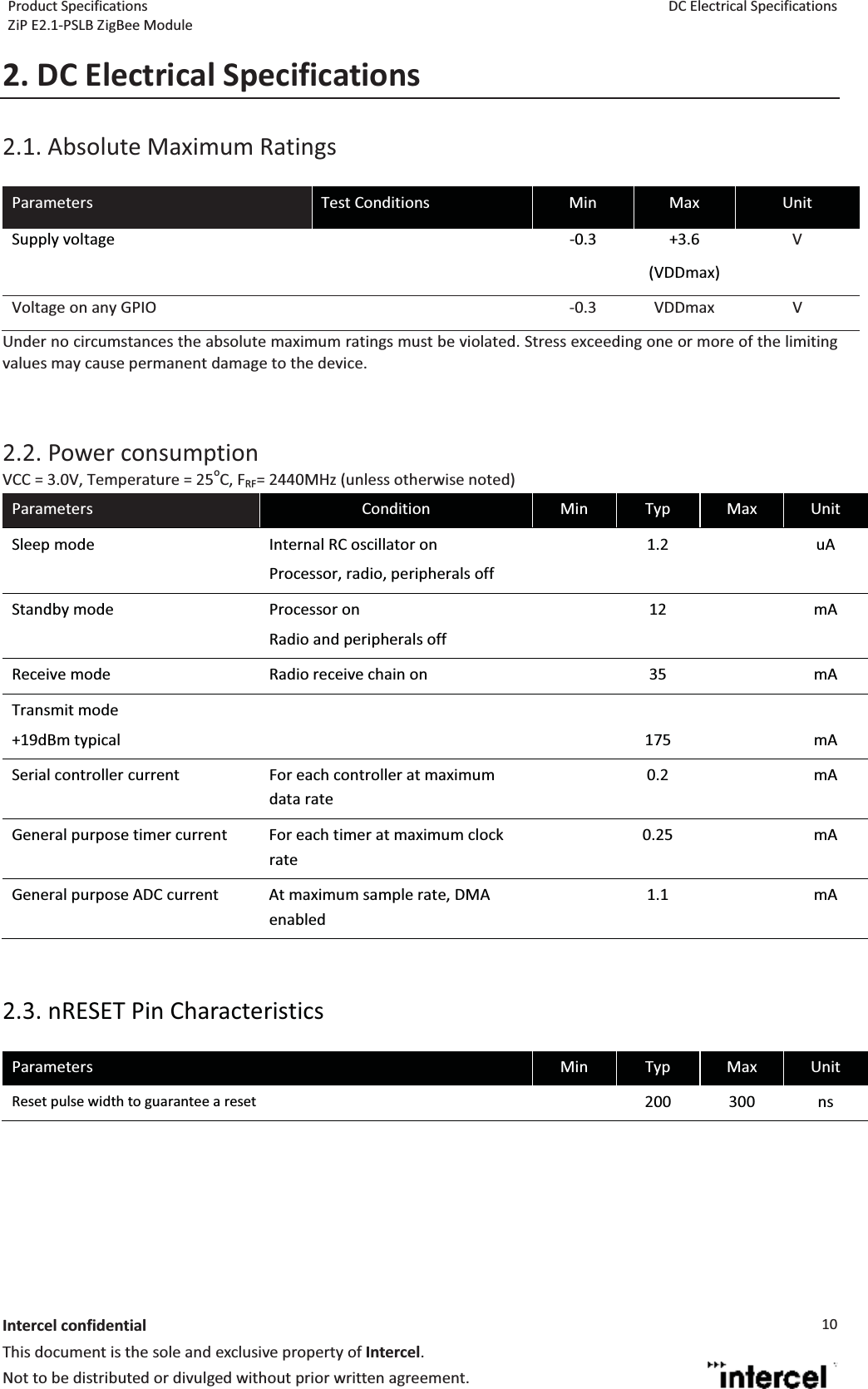 Product Specifications  DC Electrical Specifications ZiP E2.1-PSLB ZigBee Module  Intercel confidentialThis document is the sole and exclusive property of Intercel. Not to be distributed or divulged without prior written agreement. 102. DC Electrical Specifications2.1. Absolute Maximum Ratings  Parameters  Test Conditions  Min  Max  Unit Supply voltage    -0.3  +3.6 (VDDmax) V Voltage on any GPIO    -0.3  VDDmax  V Under no circumstances the absolute maximum ratings must be violated. Stress exceeding one or more of the limiting values may cause permanent damage to the device.   2.2. Power consumption VCC = 3.0V, Temperature = 25oC, FRF= 2440MHz (unless otherwise noted) Parameters  Condition  Min  Typ  Max  Unit Sleep mode  Internal RC oscillator on Processor, radio, peripherals off  1.2  uA Standby mode  Processor on Radio and peripherals off  12  mA Receive mode  Radio receive chain on    35    mA Transmit mode +19dBm typical     175   mA Serial controller current  For each controller at maximum data rate  0.2  mA General purpose timer current  For each timer at maximum clock rate  0.25   mA General purpose ADC current  At maximum sample rate, DMA enabled  1.1  mA   2.3. nRESET Pin Characteristics  Parameters  Min  Typ  Max  Unit Reset pulse width to guarantee a reset  200 300 ns   