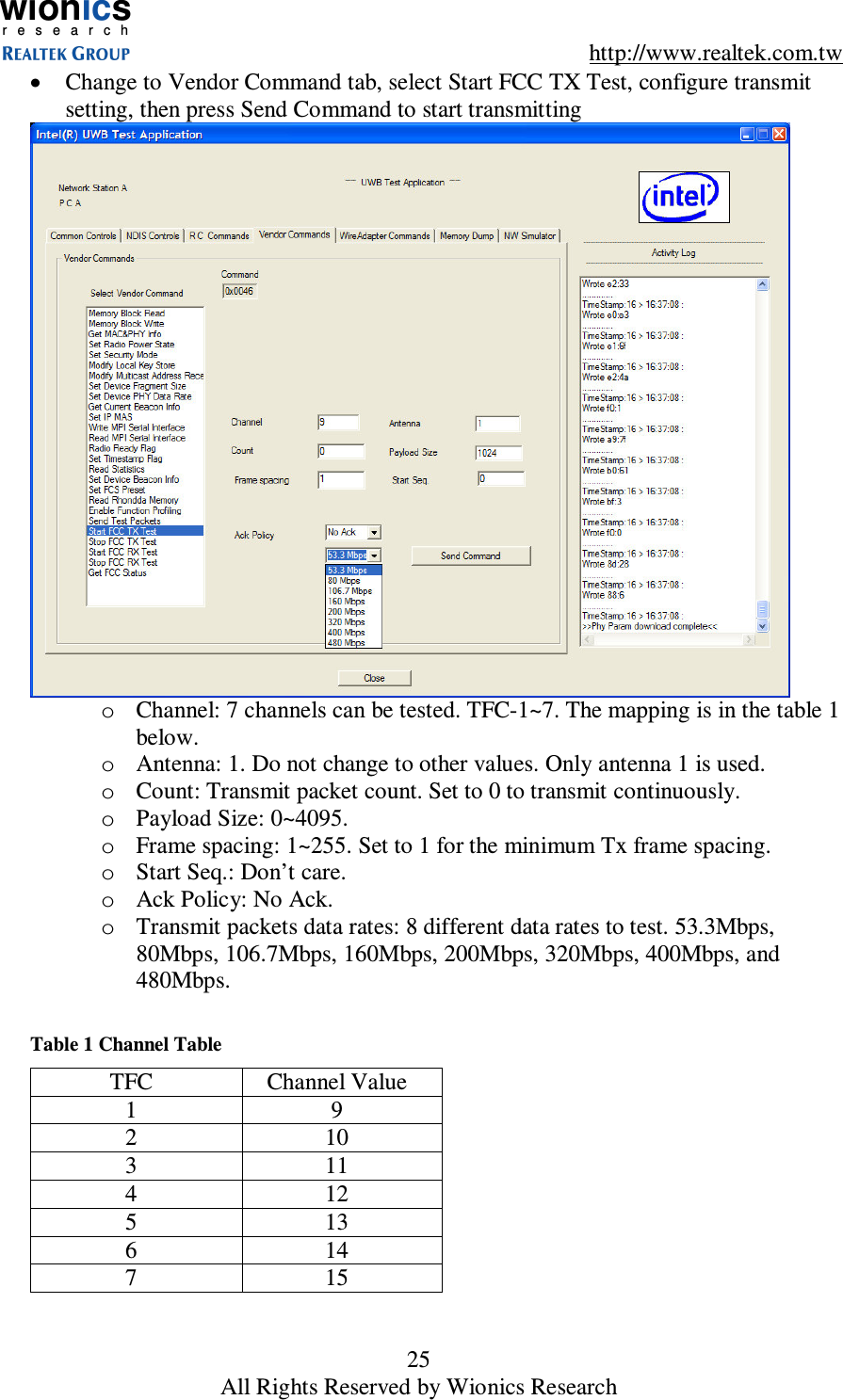 wionicsr e s e a r c h    http://www.realtek.com.tw 25 All Rights Reserved by Wionics Research &bull;  Change to Vendor Command tab, select Start FCC TX Test, configure transmit setting, then press Send Command to start transmitting  o  Channel: 7 channels can be tested. TFC-1~7. The mapping is in the table 1 below. o  Antenna: 1. Do not change to other values. Only antenna 1 is used. o  Count: Transmit packet count. Set to 0 to transmit continuously. o  Payload Size: 0~4095. o  Frame spacing: 1~255. Set to 1 for the minimum Tx frame spacing. o  Start Seq.: Don&rsquo;t care. o  Ack Policy: No Ack. o  Transmit packets data rates: 8 different data rates to test. 53.3Mbps, 80Mbps, 106.7Mbps, 160Mbps, 200Mbps, 320Mbps, 400Mbps, and 480Mbps.  Table 1 Channel Table TFC  Channel Value 1  9 2  10 3  11 4  12 5  13 6  14 7  15  