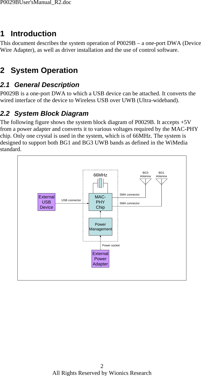 P0029BUser'sManual_R2.doc 2 All Rights Reserved by Wionics Research  1 Introduction This document describes the system operation of P0029B &ndash; a one-port DWA (Device Wire Adapter), as well as driver installation and the use of control software.  2 System Operation 2.1 General Description P0029B is a one-port DWA to which a USB device can be attached. It converts the wired interface of the device to Wireless USB over UWB (Ultra-wideband). 2.2  System Block Diagram The following figure shows the system block diagram of P0029B. It accepts +5V from a power adapter and converts it to various voltages required by the MAC-PHY chip. Only one crystal is used in the system, which is of 66MHz. The system is designed to support both BG1 and BG3 UWB bands as defined in the WiMedia standard. MAC-PHYChip66MHzExternalUSBDeviceUSB connectorExternalPowerAdapterPower socketBG3Antenna BG1AntennaSMA connectorSMA connectorPowerManagement 