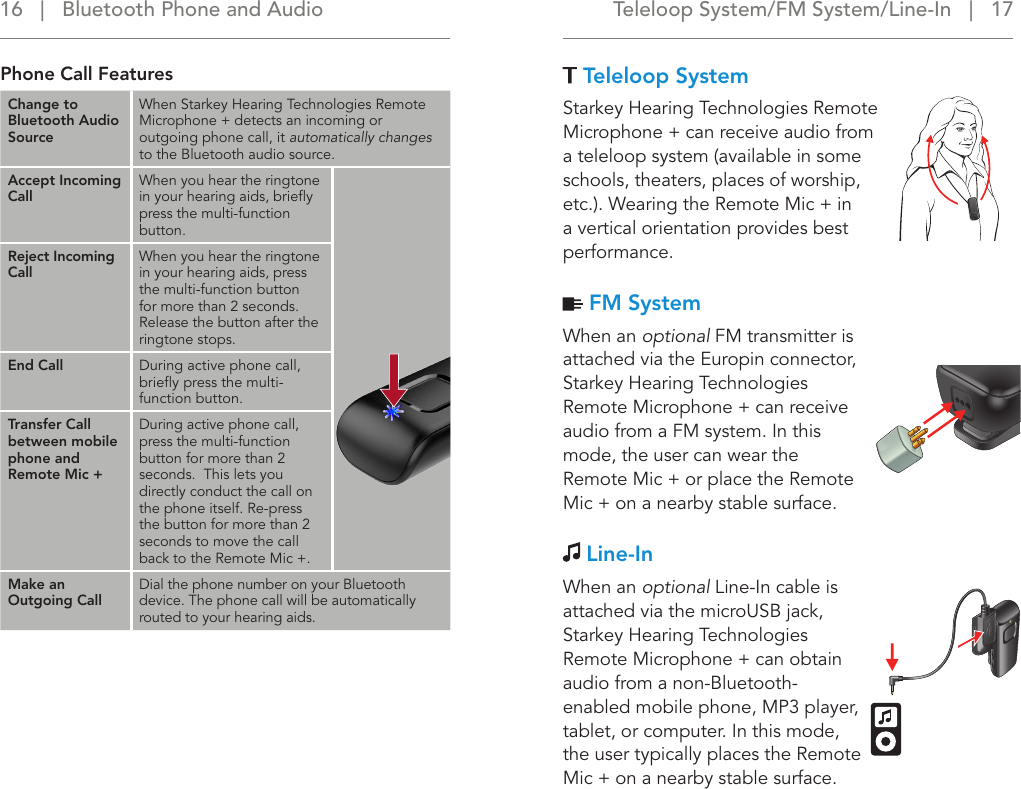 Teleloop System/FM System/Line-In   |   17 16   |   Bluetooth Phone and AudioChange to Bluetooth Audio SourceWhen Starkey Hearing Technologies Remote Microphone + detects an incoming or outgoing phone call, it automatically changes to the Bluetooth audio source.Accept Incoming CallWhen you hear the ringtone in your hearing aids, brieﬂy press the multi-function button.Reject Incoming CallWhen you hear the ringtone in your hearing aids, press the multi-function button for more than 2 seconds. Release the button after the ringtone stops.End Call During active phone call, brieﬂy press the multi-function button.Transfer Call between mobile phone and Remote Mic +During active phone call, press the multi-function button for more than 2 seconds.  This lets you directly conduct the call on the phone itself. Re-press the button for more than 2 seconds to move the call back to the Remote Mic +.Make an Outgoing CallDial the phone number on your Bluetooth device. The phone call will be automatically routed to your hearing aids.Phone Call Features  Teleloop SystemStarkey Hearing Technologies Remote Microphone + can receive audio from a teleloop system (available in some schools, theaters, places of worship, etc.). Wearing the Remote Mic + in a vertical orientation provides best performance. FM SystemWhen an optional FM transmitter is attached via the Europin connector, Starkey Hearing Technologies Remote Microphone + can receive audio from a FM system. In this mode, the user can wear the Remote Mic + or place the Remote Mic + on a nearby stable surface. Line-InWhen an optional Line-In cable is attached via the microUSB jack, Starkey Hearing Technologies Remote Microphone + can obtain audio from a non-Bluetooth-enabled mobile phone, MP3 player, tablet, or computer. In this mode, the user typically places the Remote Mic + on a nearby stable surface.