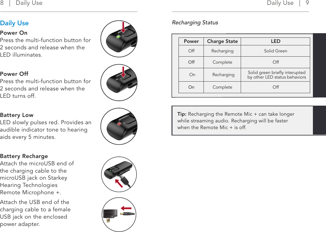 Daily Use   |   9 8   |   Daily UseRecharging StatusDaily UsePower On Press the multi-function button for 2 seconds and release when the LED illuminates.  Power Off Press the multi-function button for 2 seconds and release when the LED turns off.Battery Low LED slowly pulses red. Provides an audible indicator tone to hearing aids every 5 minutes.Battery Recharge Attach the microUSB end of  the charging cable to the microUSB jack on Starkey  Hearing Technologies  Remote Microphone +.Attach the USB end of the  charging cable to a female  USB jack on the enclosed  power adapter.Tip: Recharging the Remote Mic + can take longer  while streaming audio. Recharging will be faster  when the Remote Mic + is off.Power Charge State LEDOff Recharging Solid GreenOff  Complete OffOn Recharging Solid green brieﬂy interupted  by other LED status behaviorsOn Complete Off